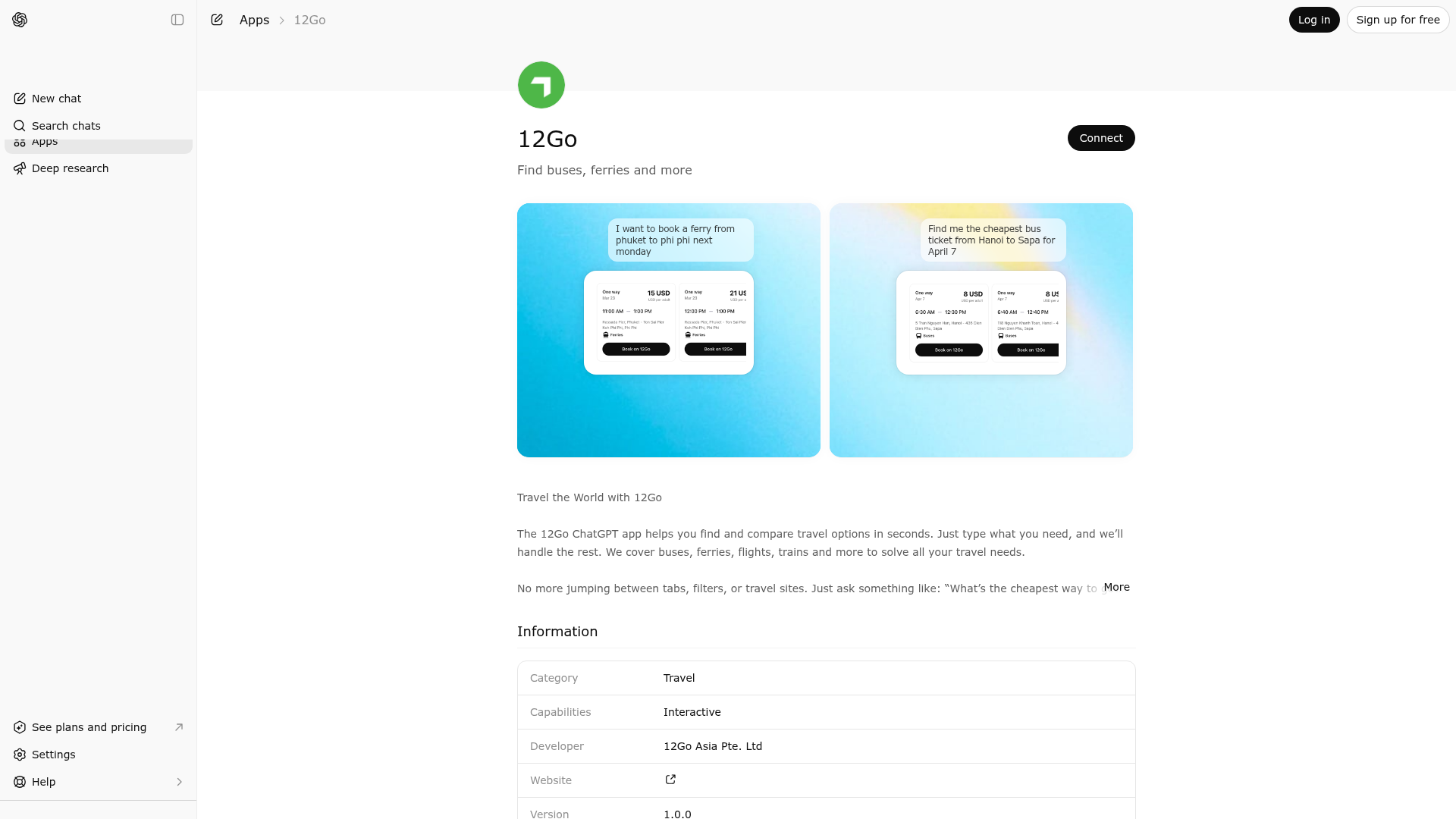 Screenshot of 12Go website