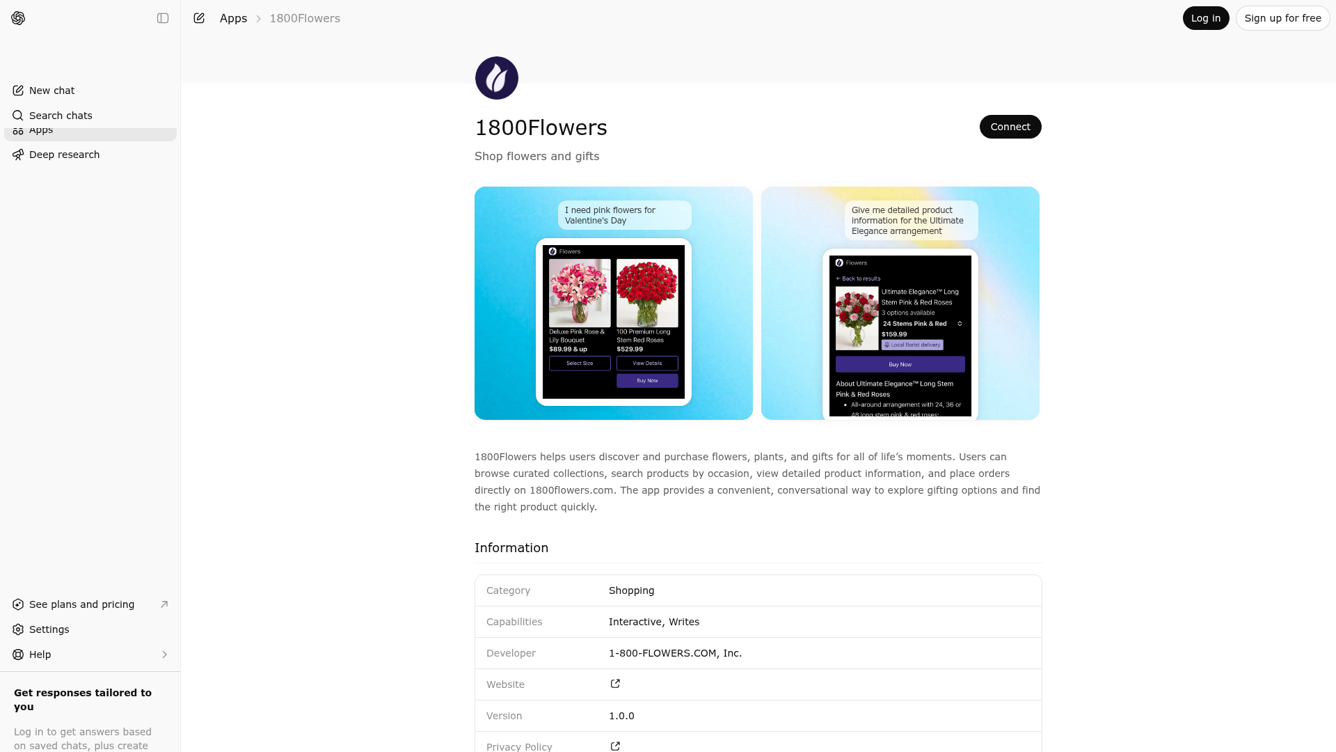 Screenshot of 1800Flowers website