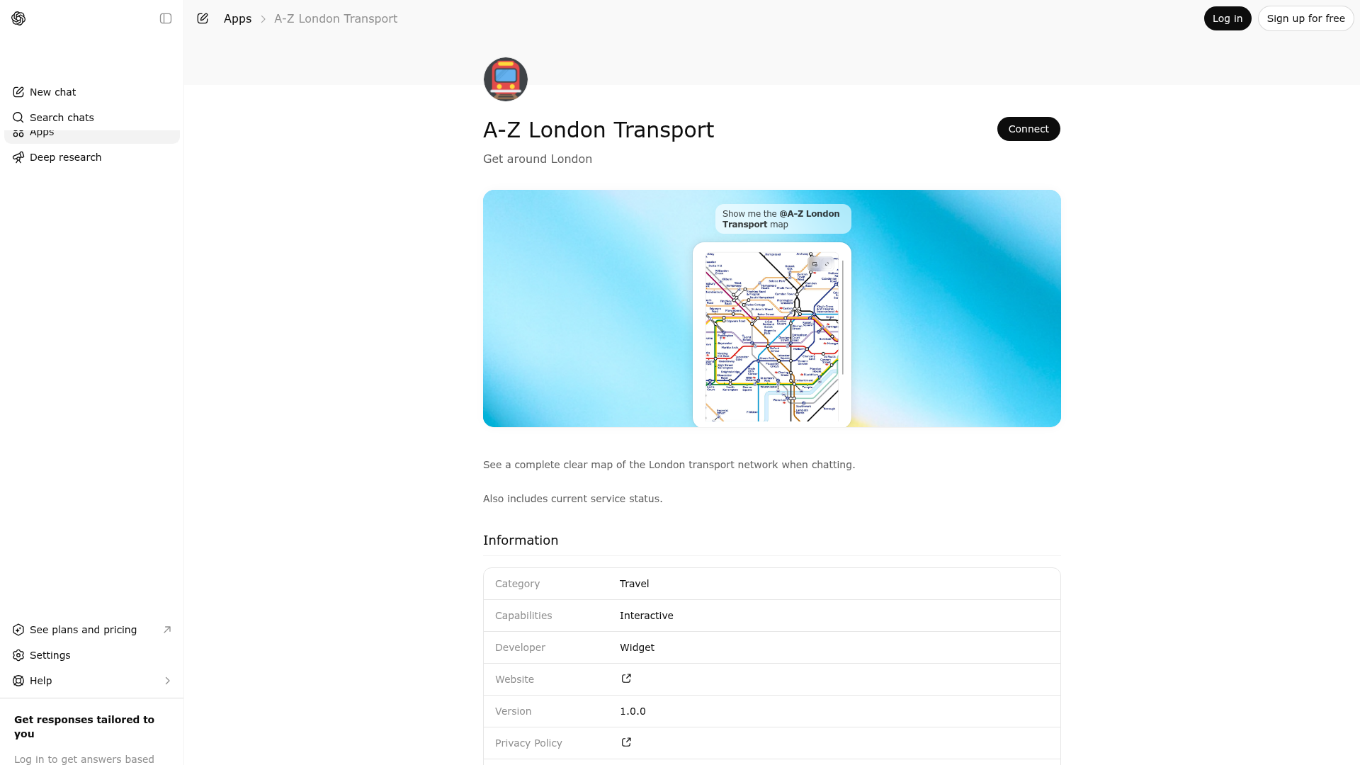 Screenshot of A-Z London Transport website