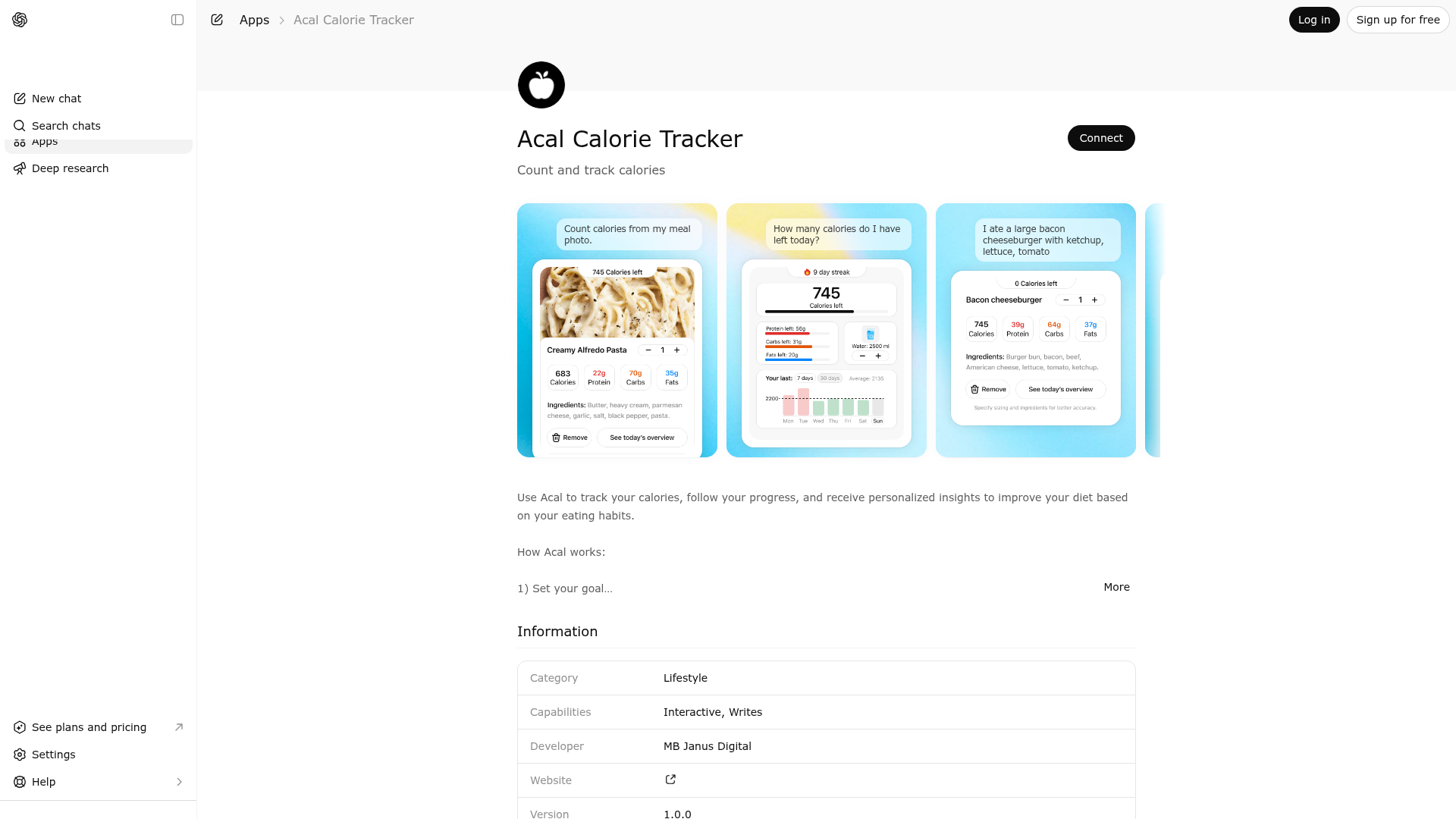Screenshot of Acal Calorie Tracker website