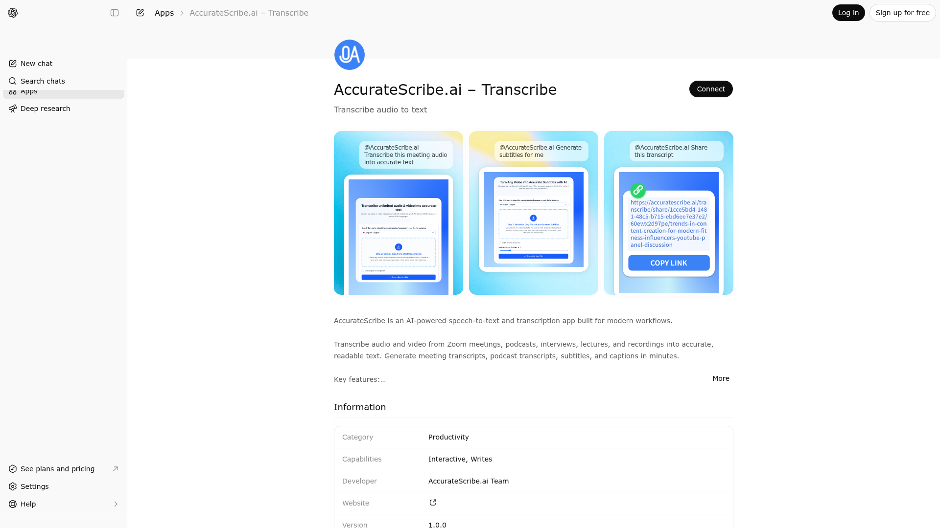 Screenshot of AccurateScribe.ai – Transcribe website