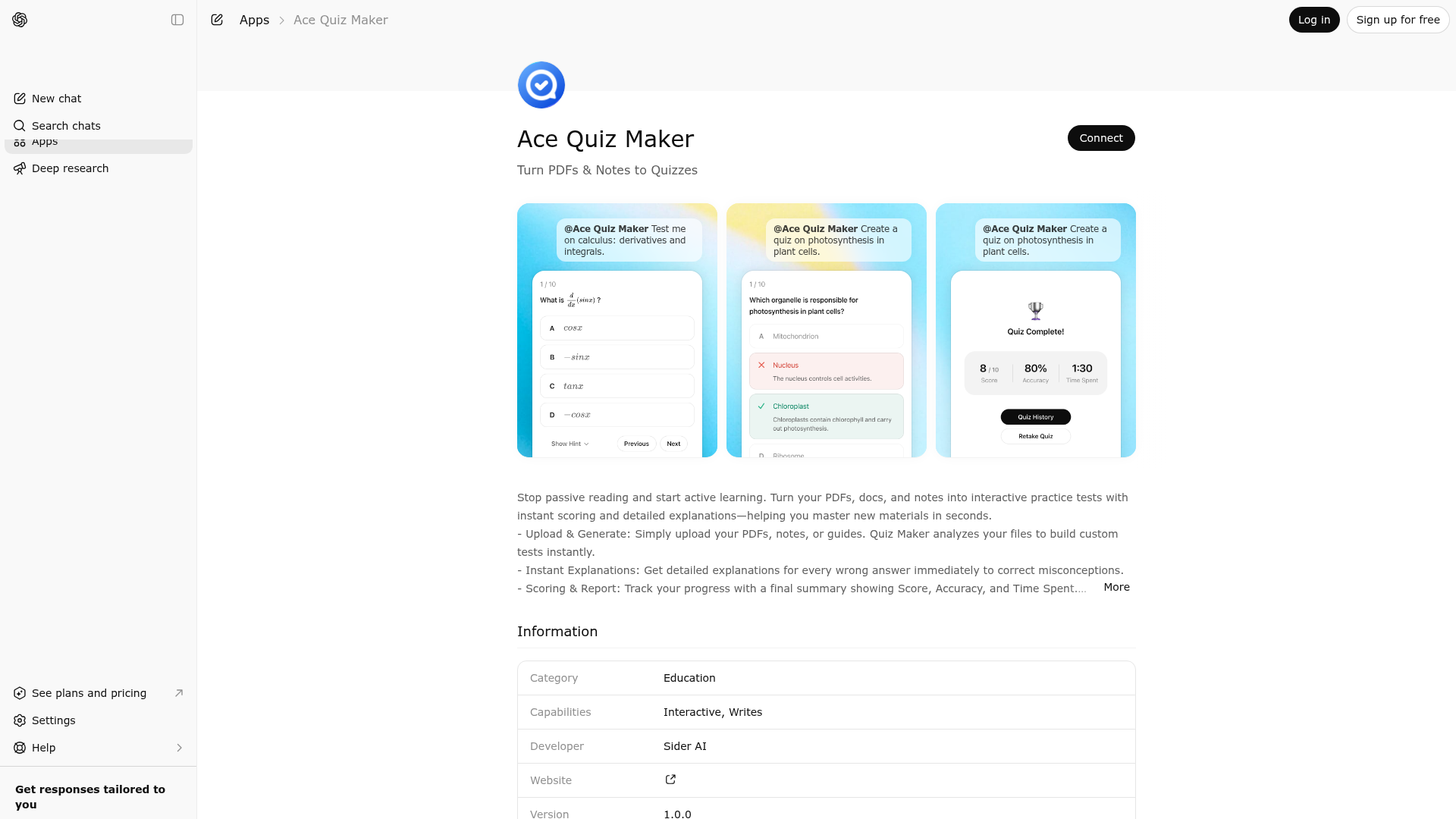 Screenshot of Ace Quiz Maker website