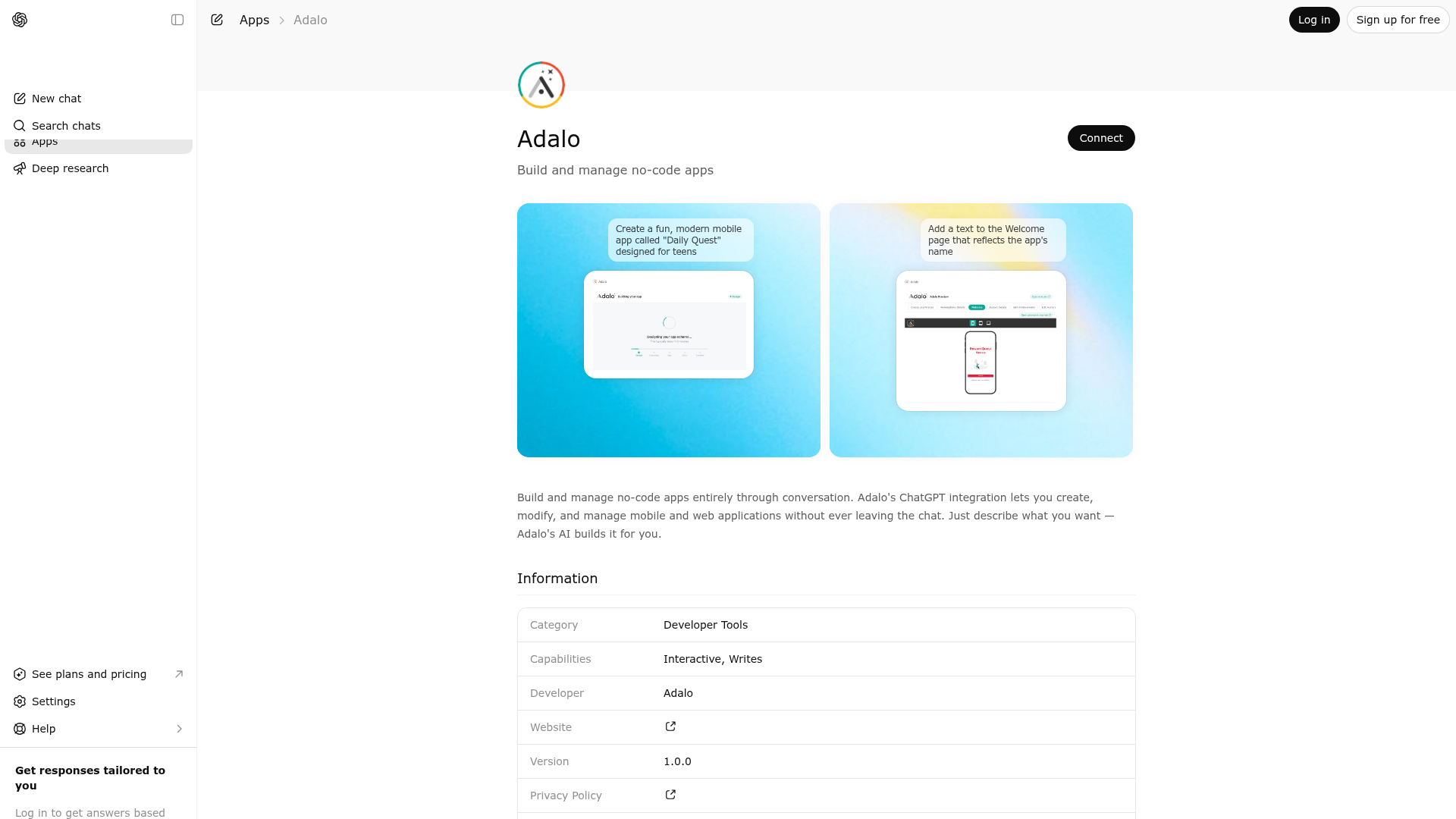 Screenshot of Adalo website
