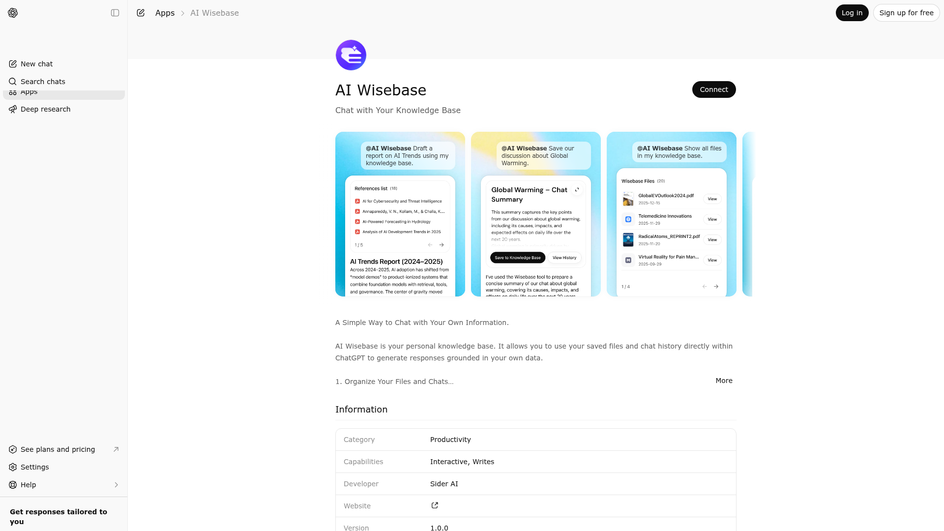 Screenshot of AI Wisebase website
