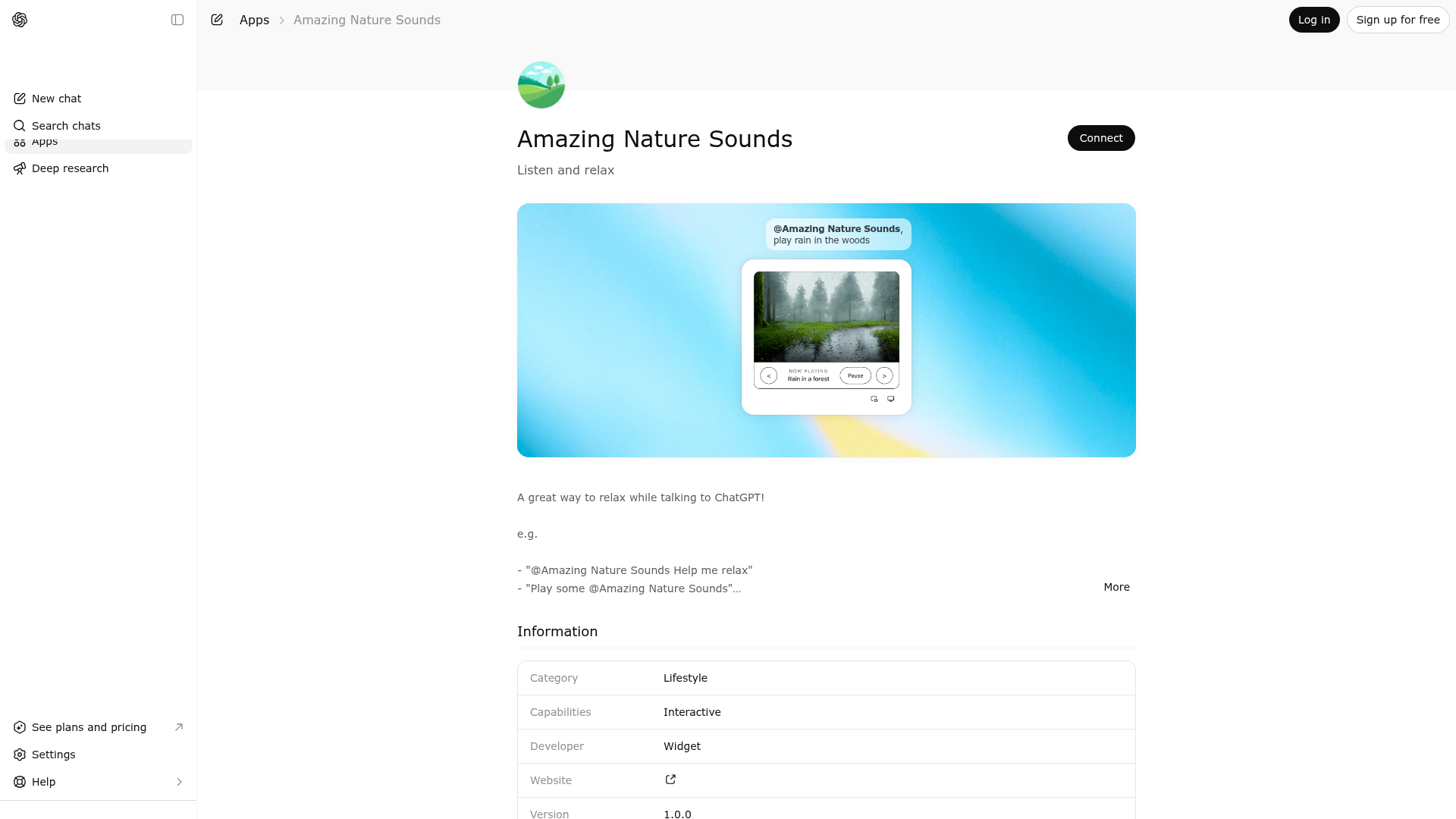 Screenshot of Amazing Nature Sounds website