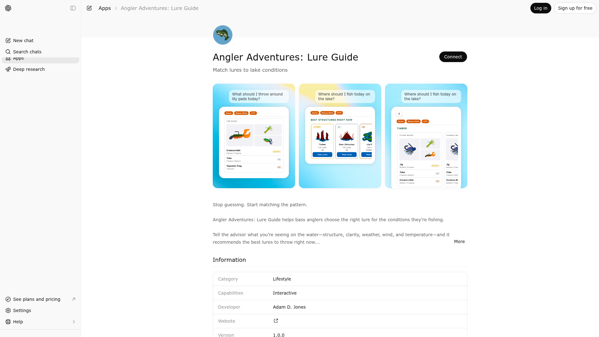 Screenshot of Angler Adventures: Lure Guide website