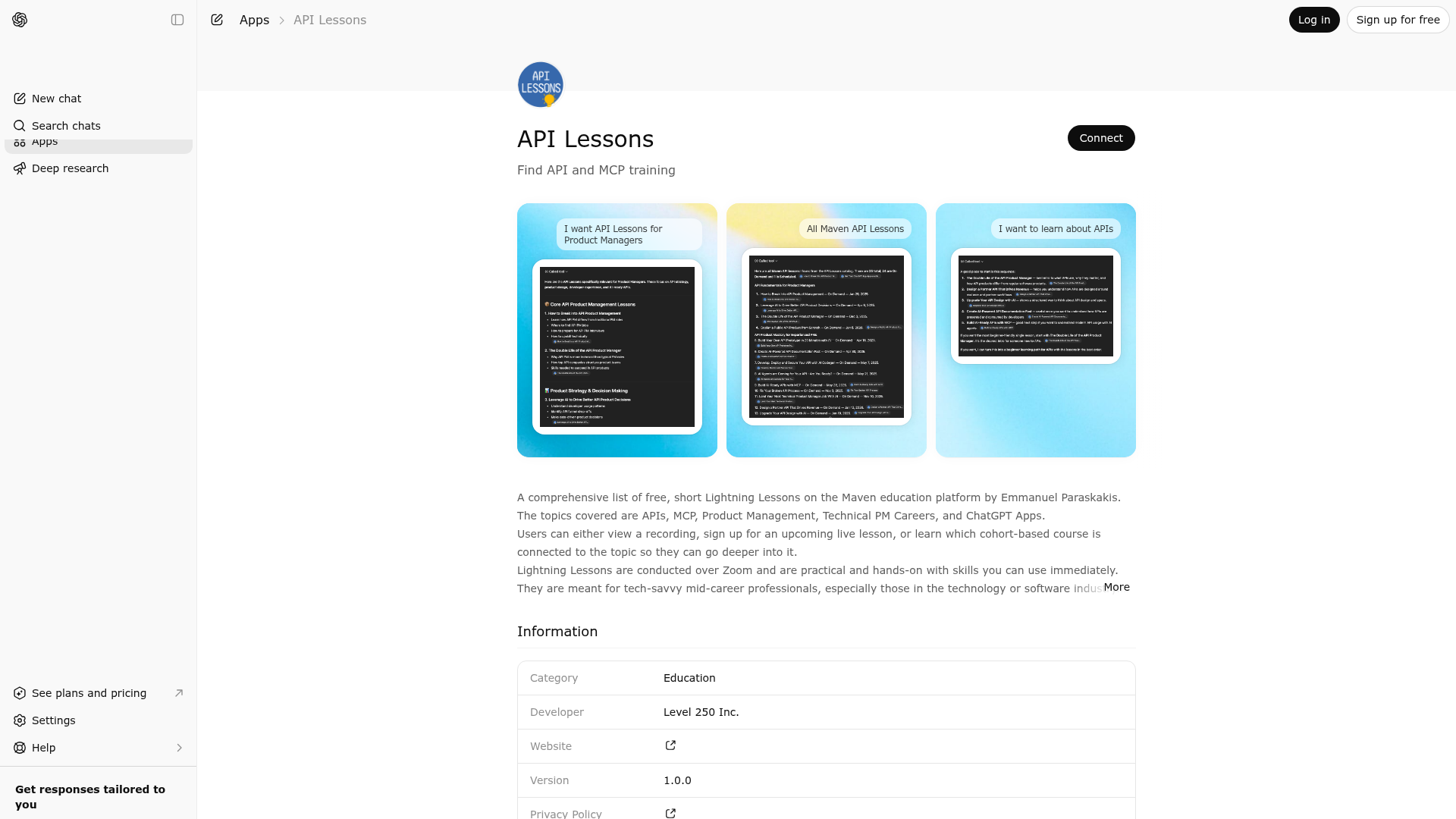 Screenshot of API Lessons website