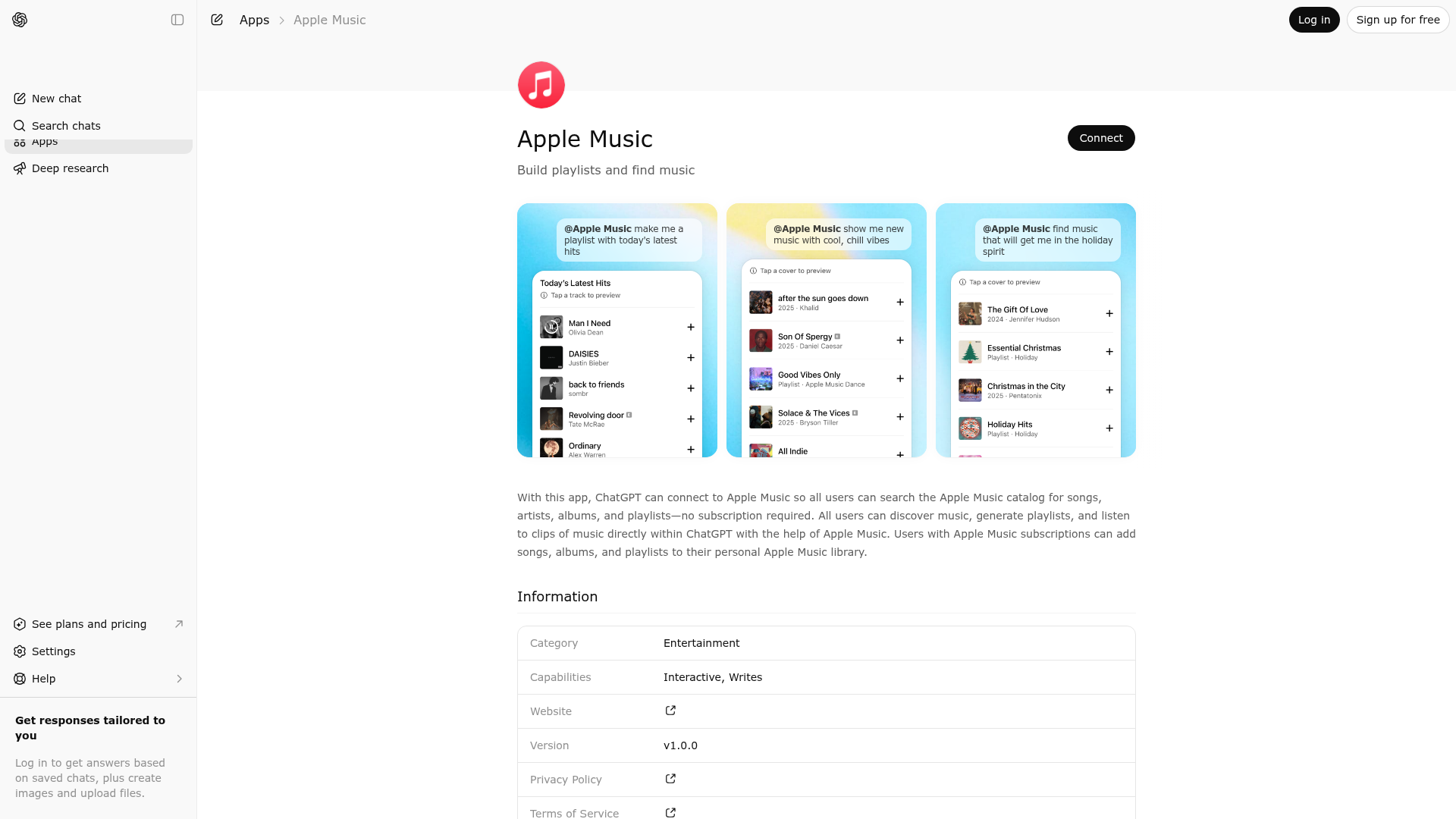 Screenshot of Apple Music website