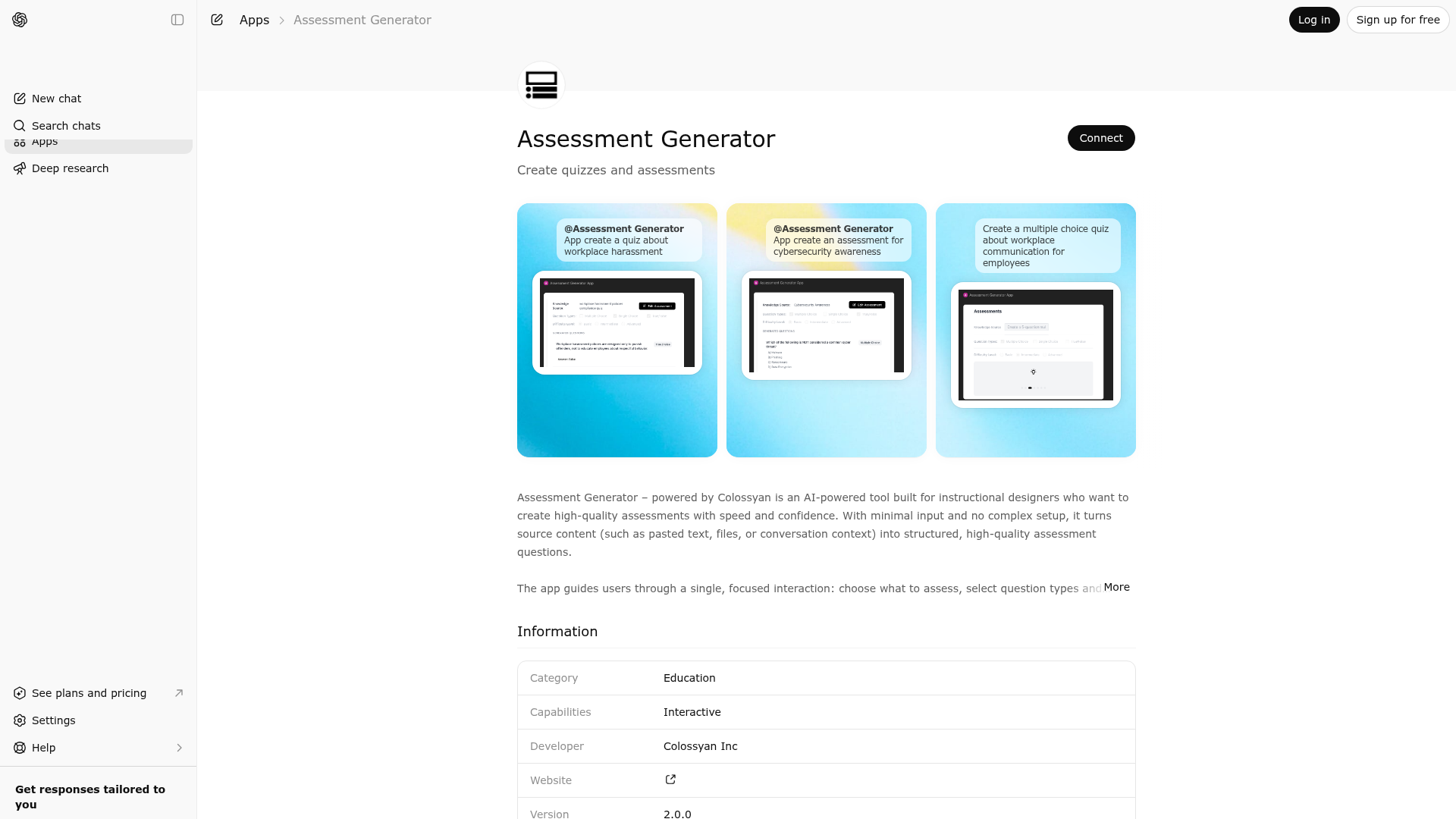 Screenshot of Assessment Generator website