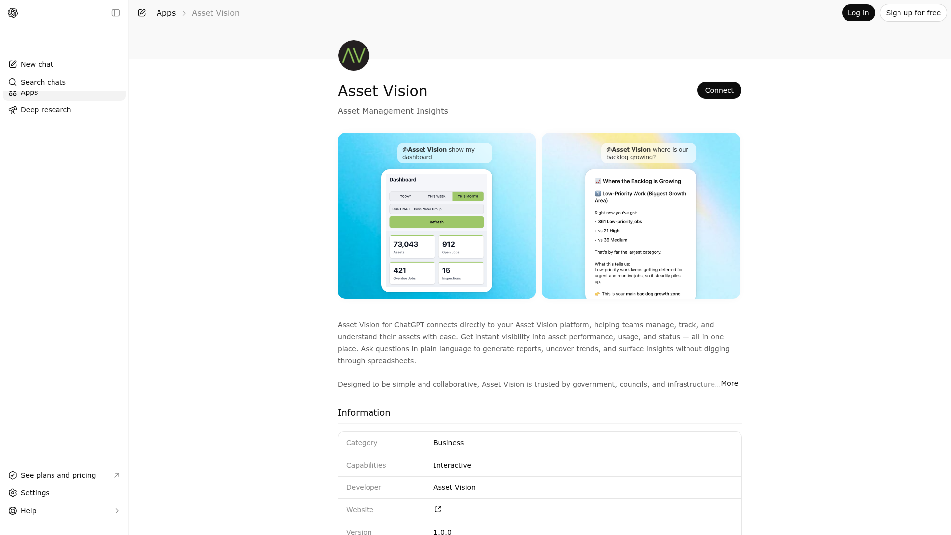 Screenshot of Asset Vision website