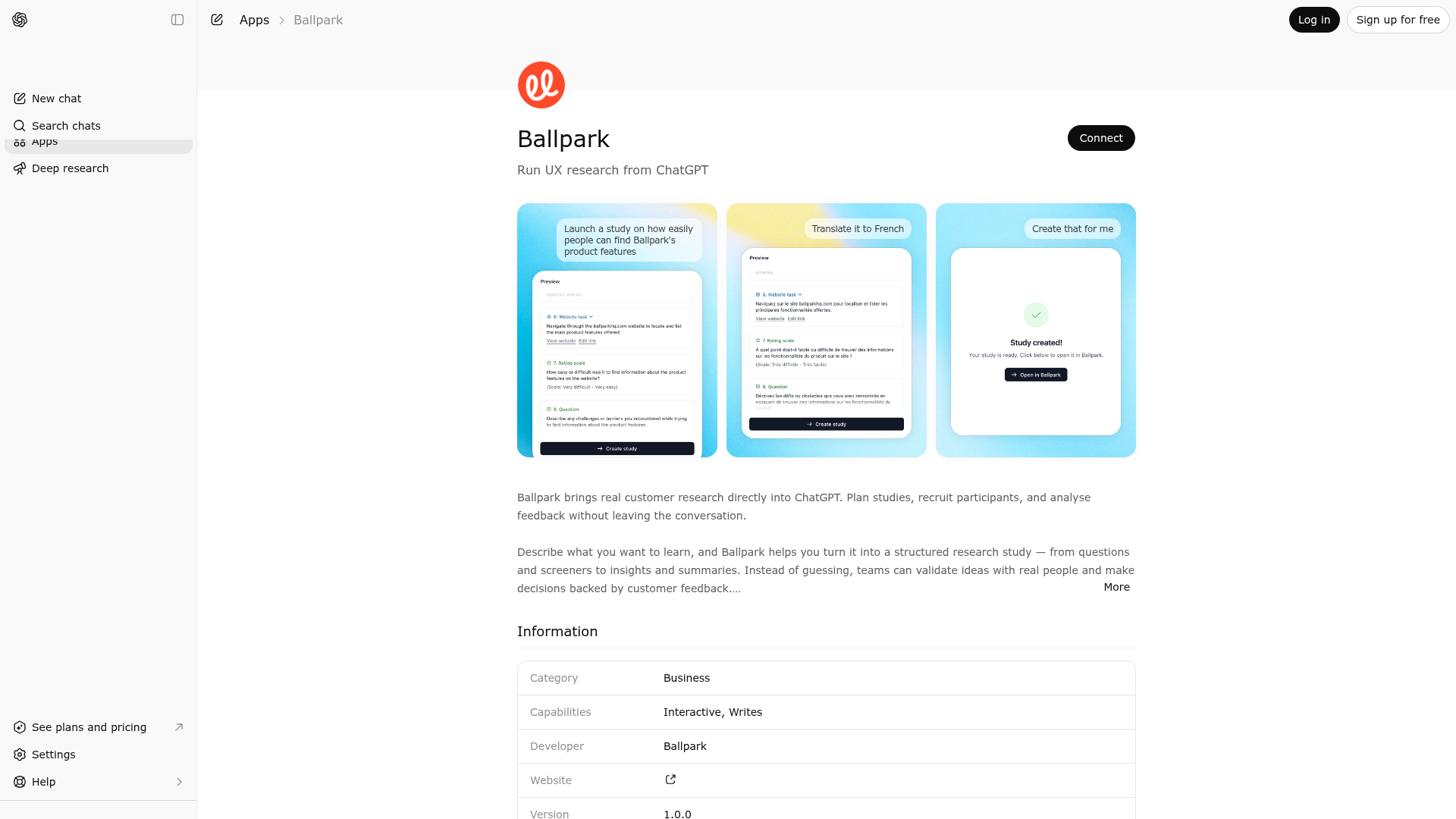 Screenshot of Ballpark website