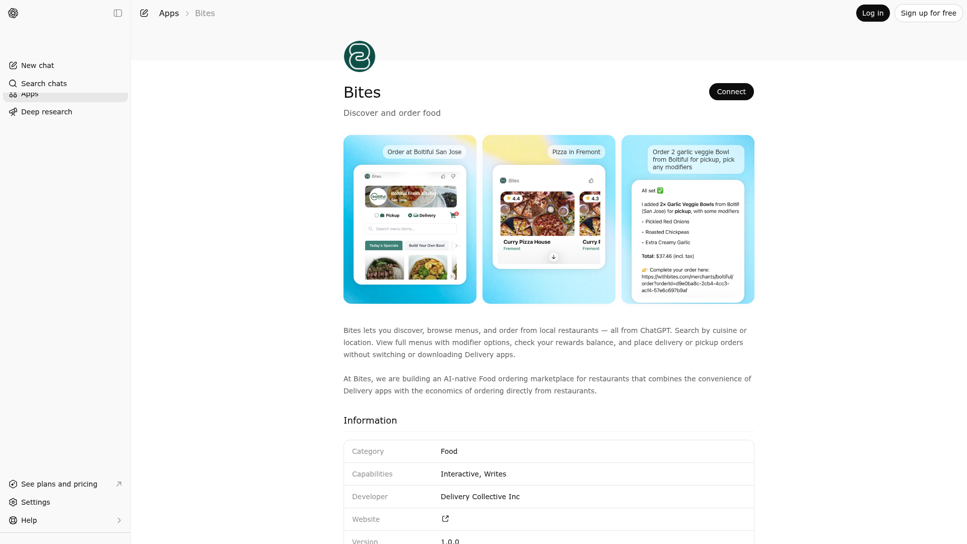 Screenshot of Bites website