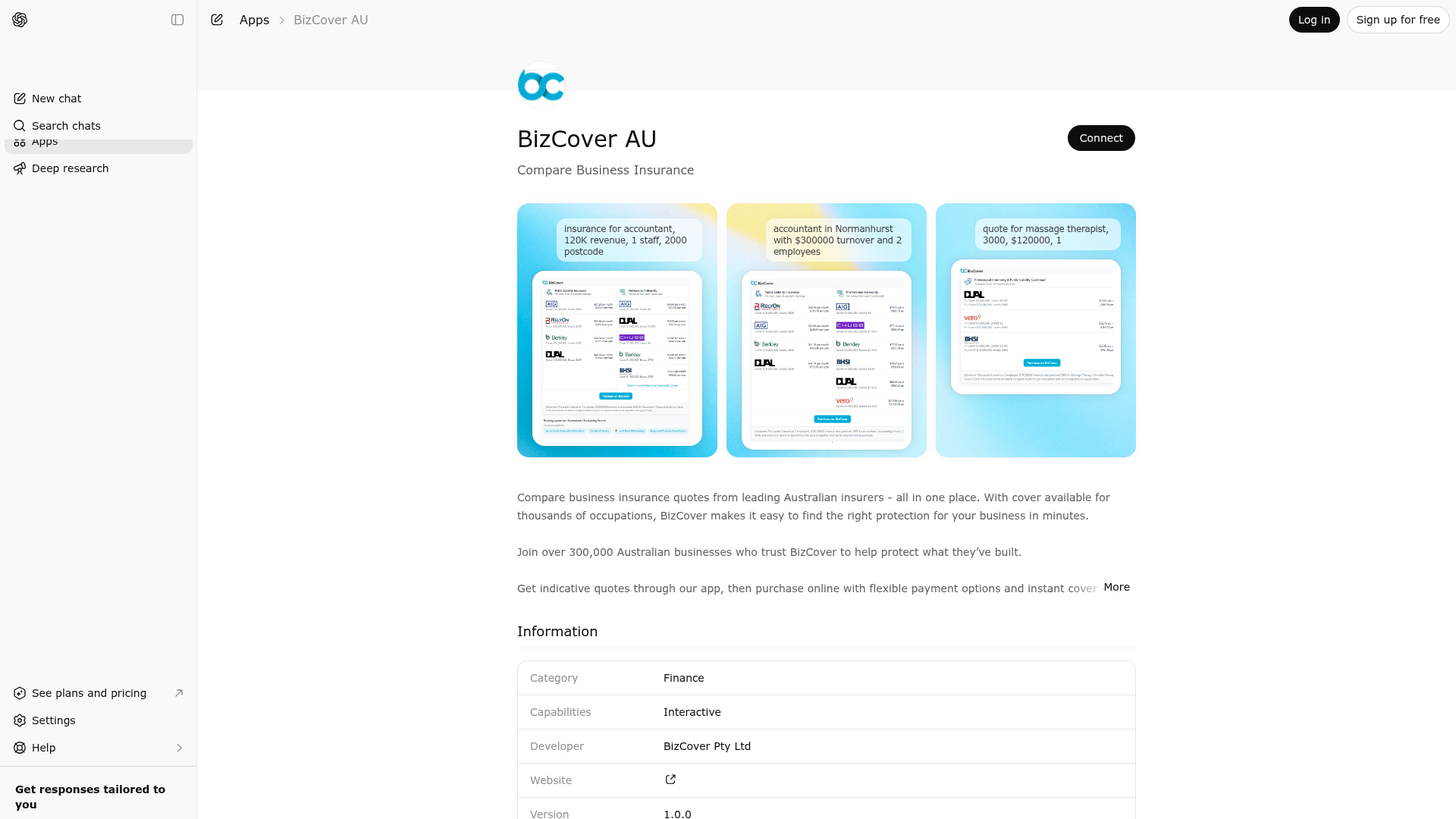 Screenshot of BizCover AU website