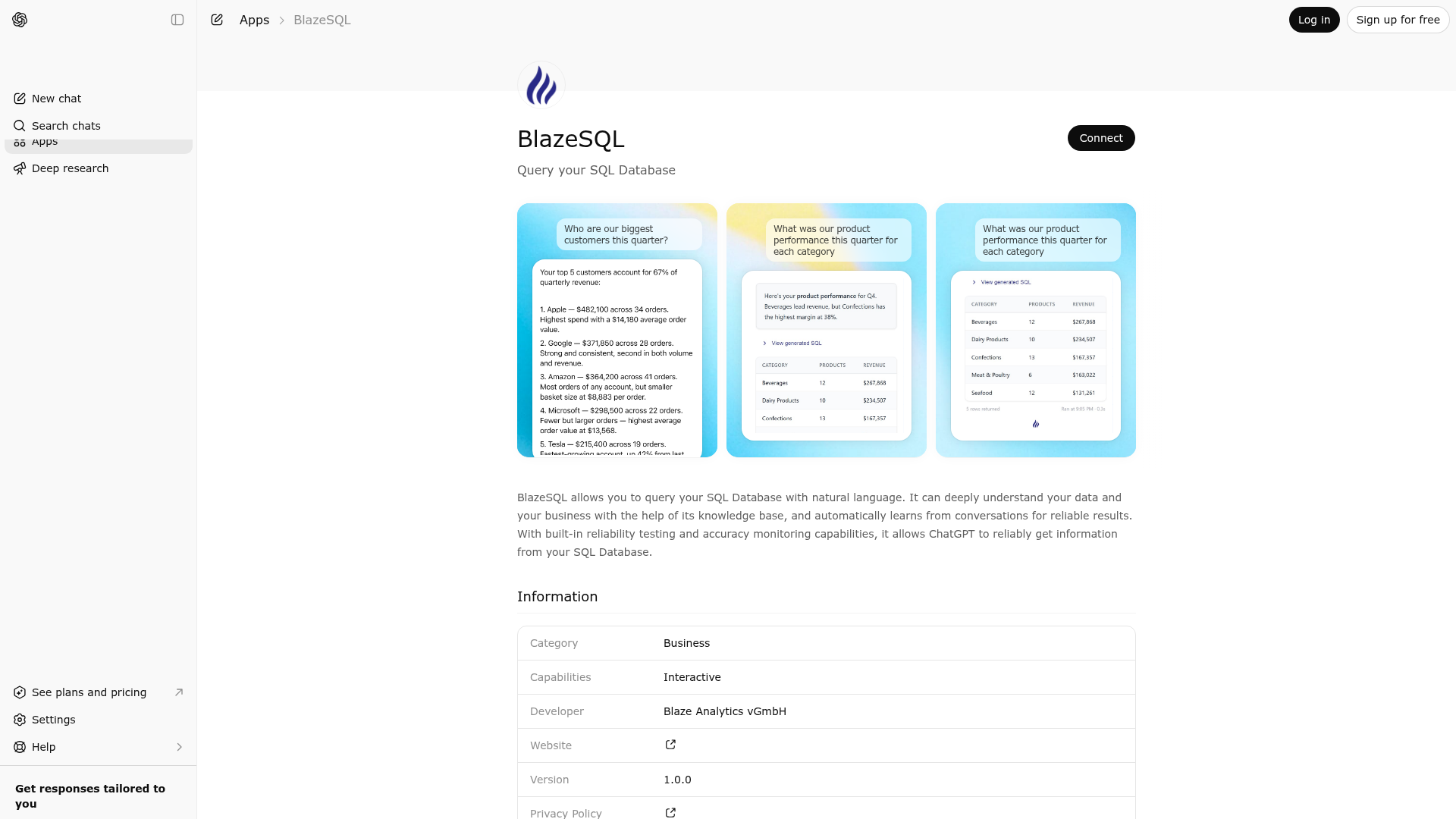 Screenshot of BlazeSQL website