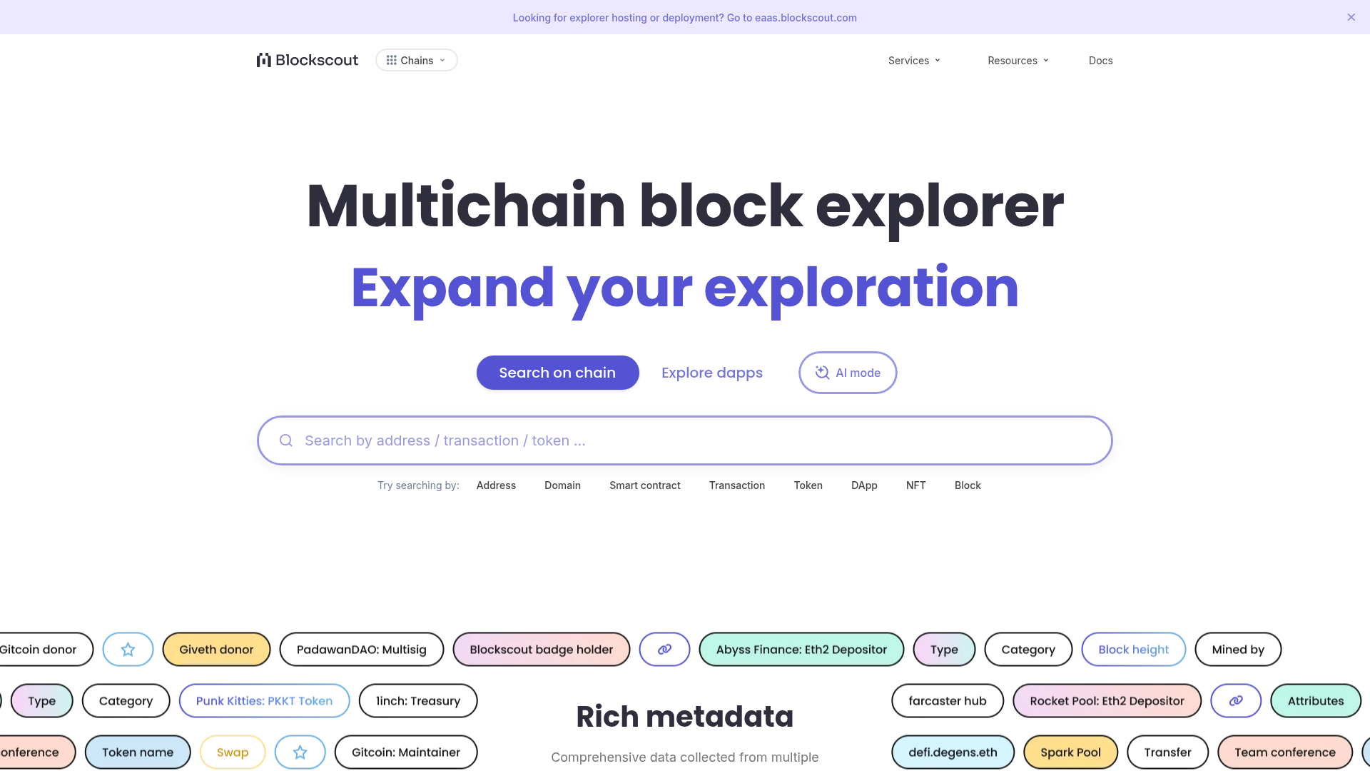 Screenshot of Blockscout Blockchain Data website