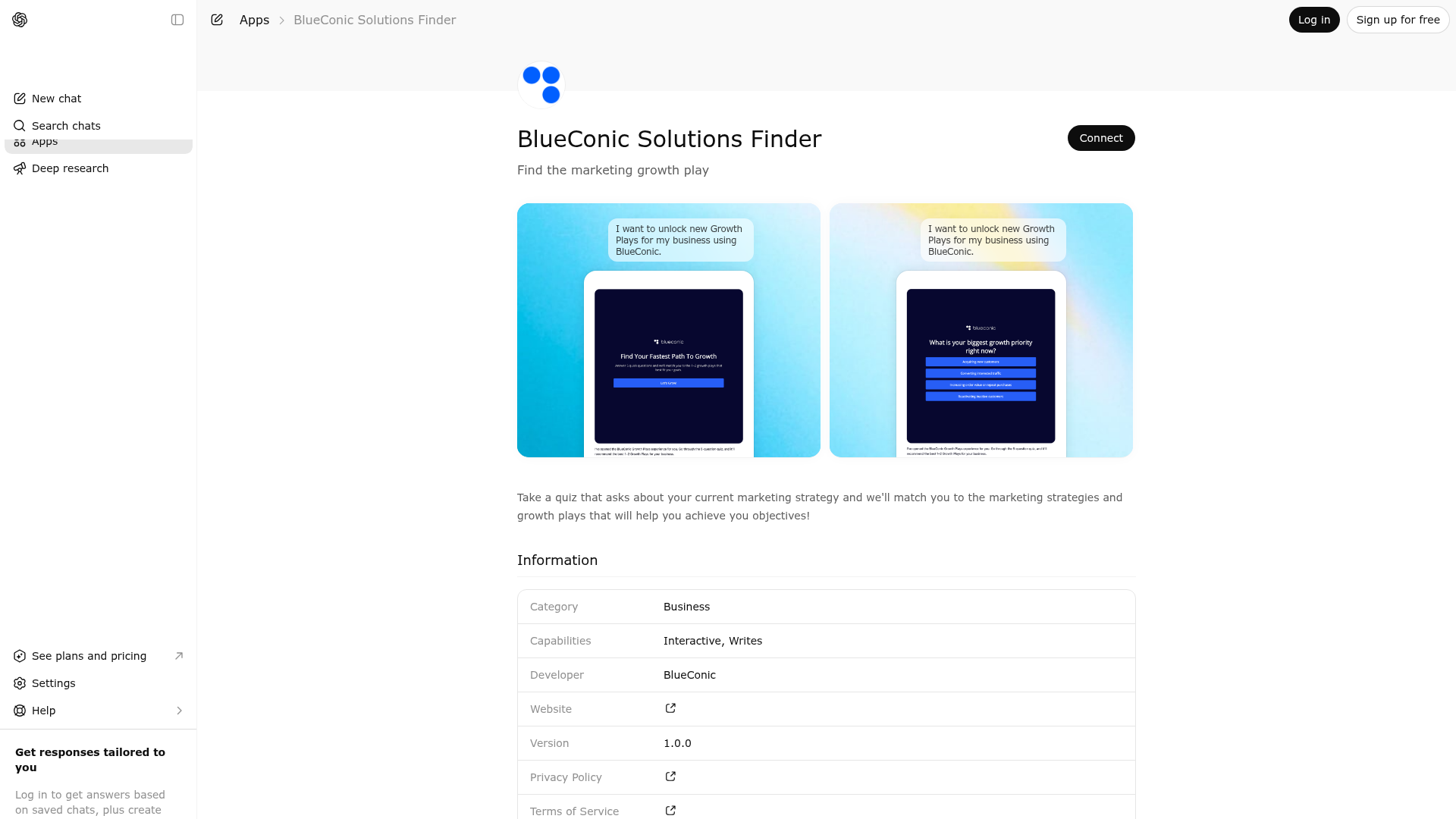 Screenshot of BlueConic Solutions Finder website