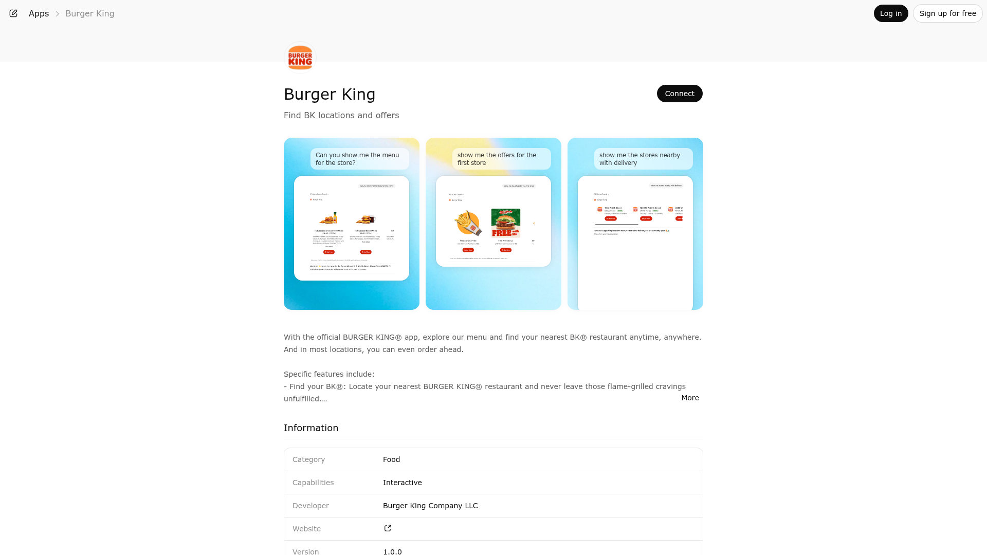 Screenshot of Burger King website