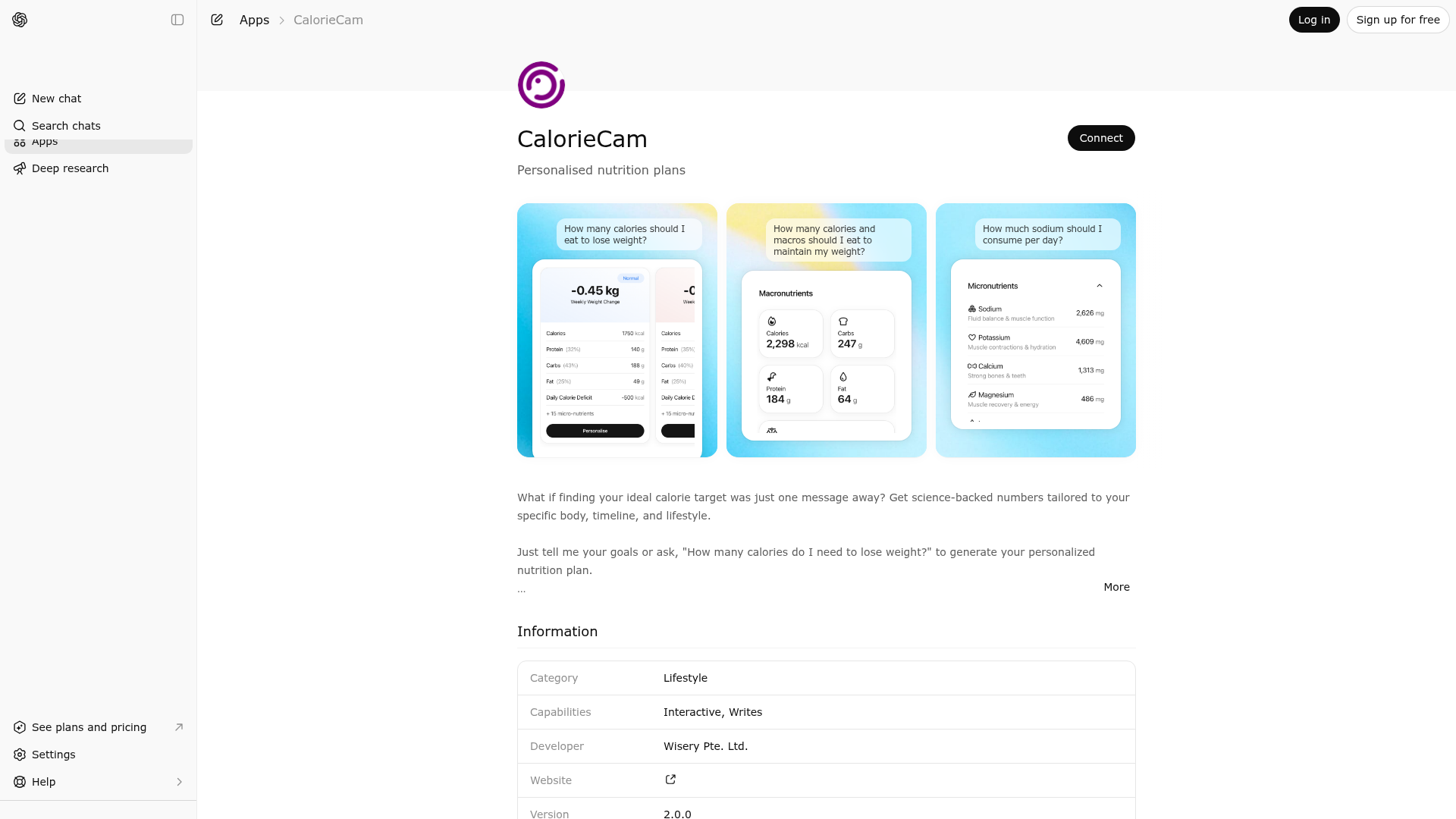 Screenshot of CalorieCam website