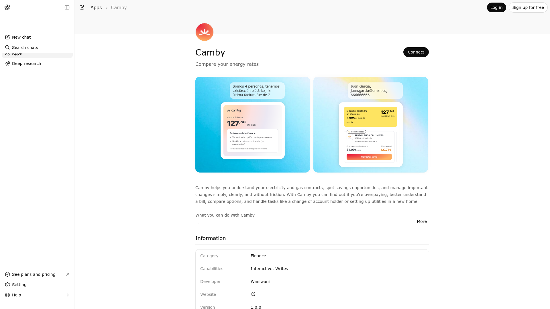 Screenshot of Camby website