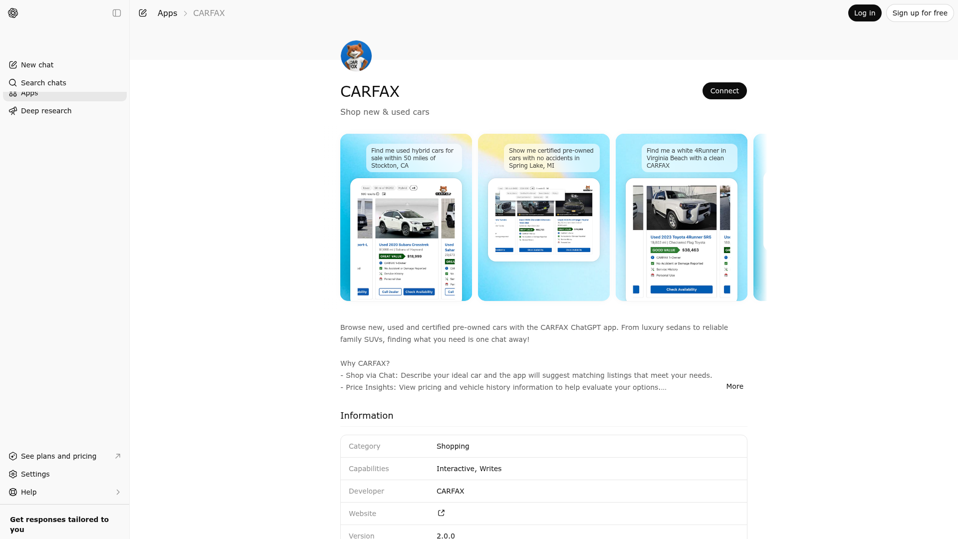 Screenshot of CARFAX website