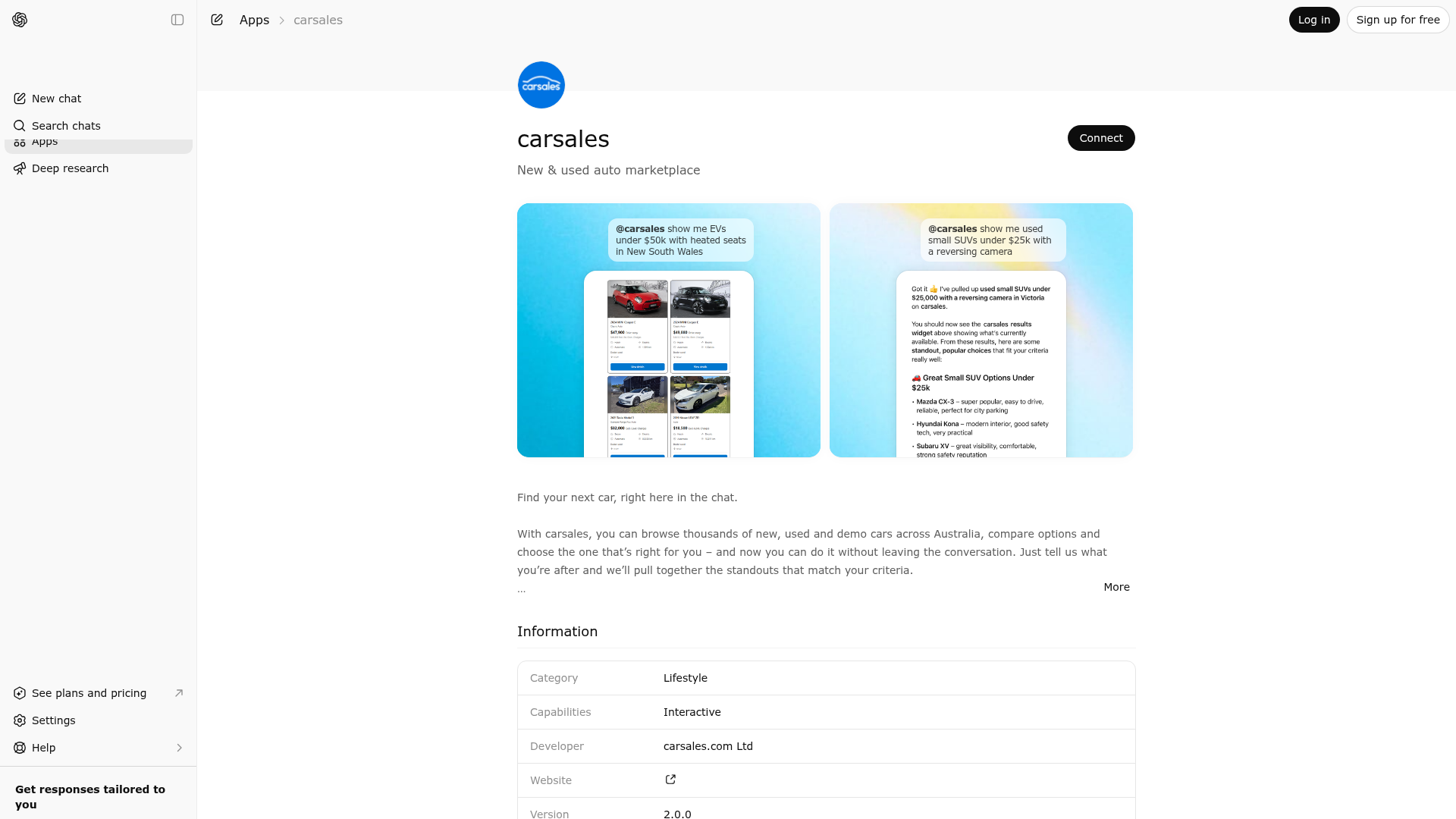 Screenshot of carsales website