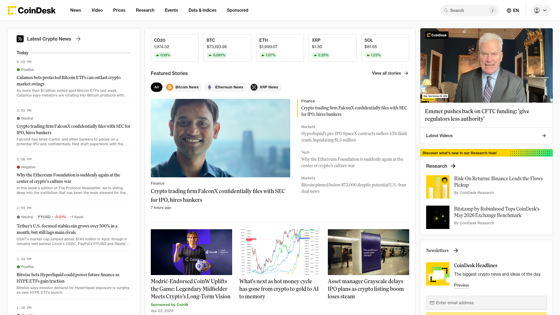 Screenshot of CoinDesk website