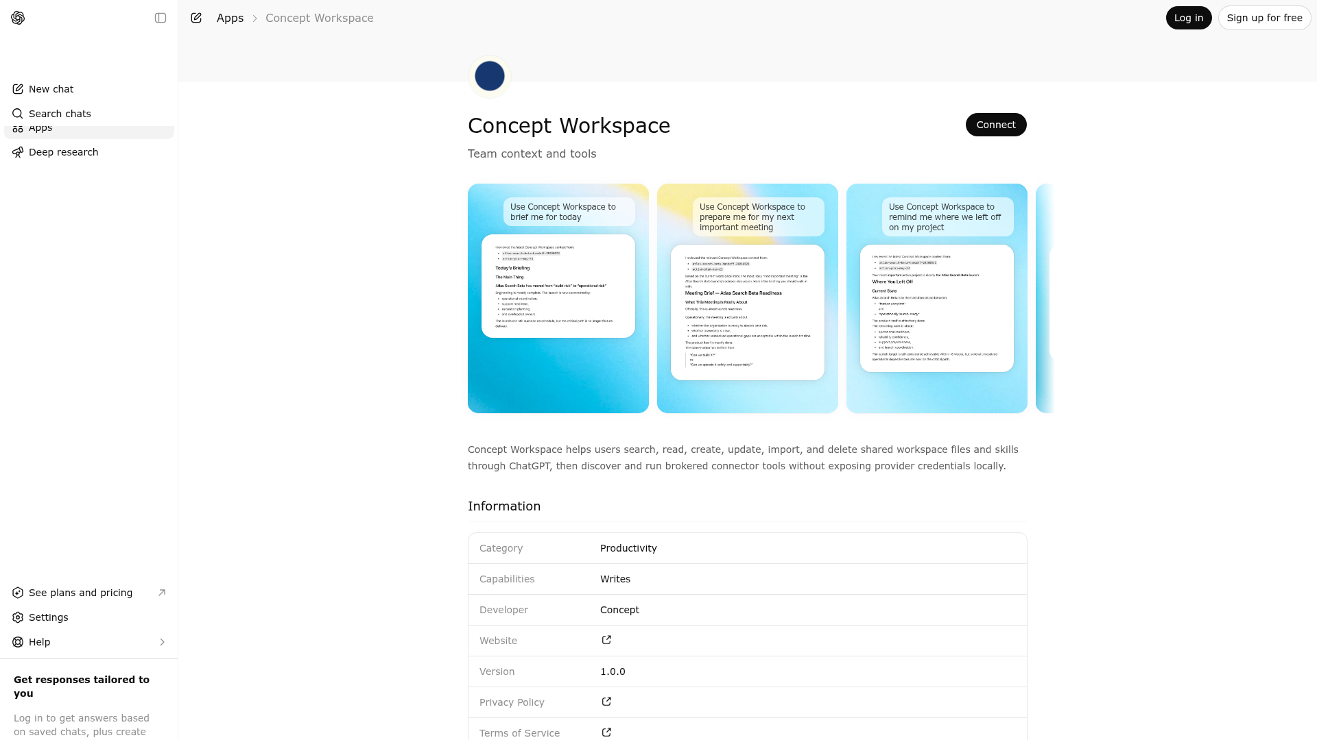 Screenshot of Concept Workspace website