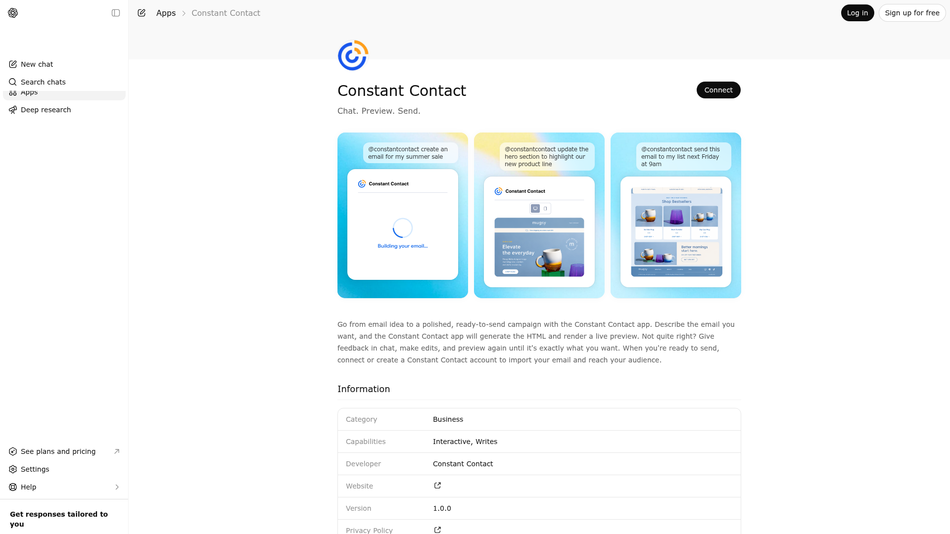 Screenshot of Constant Contact website