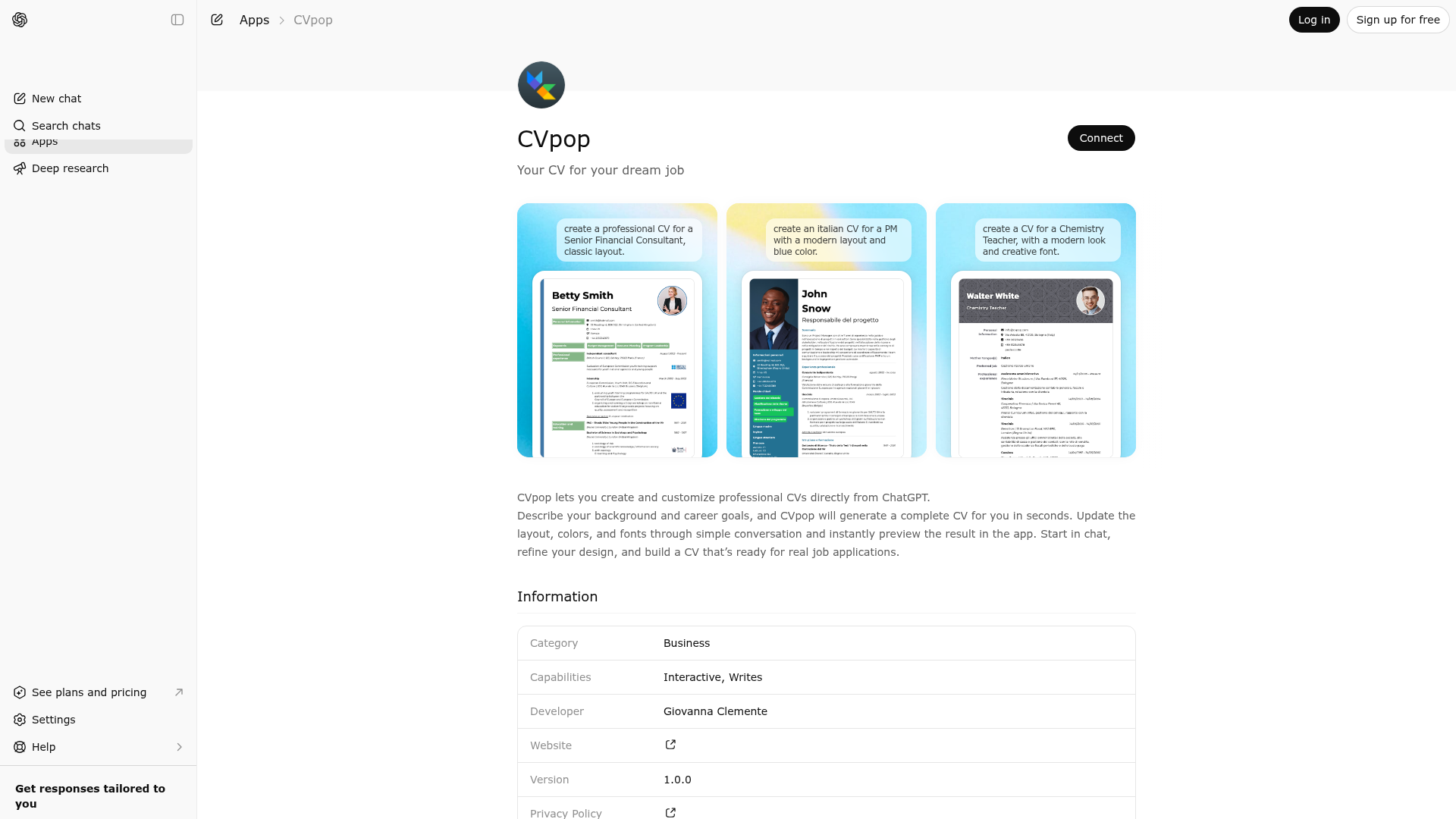 Screenshot of CVpop website