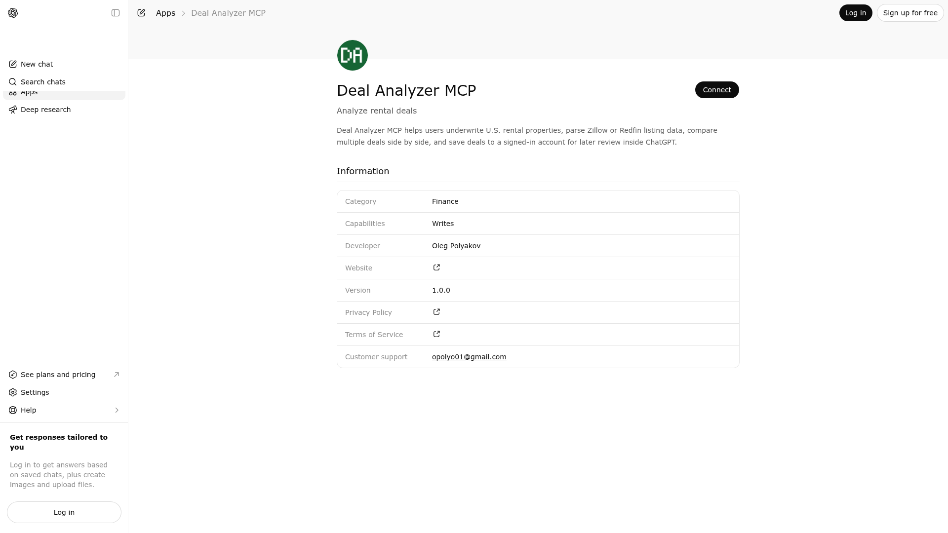 Screenshot of Deal Analyzer MCP website