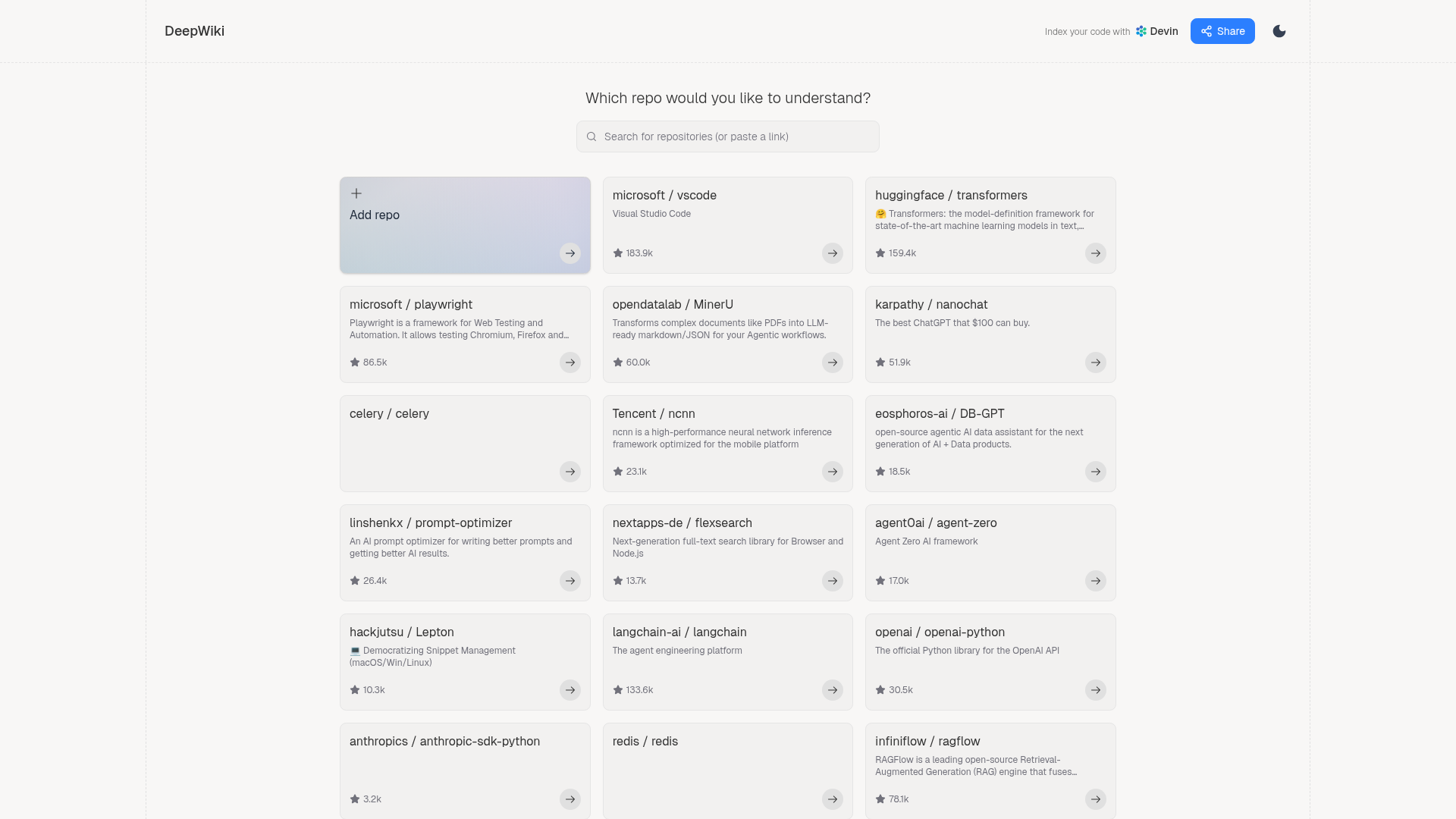 Screenshot of DeepWiki website