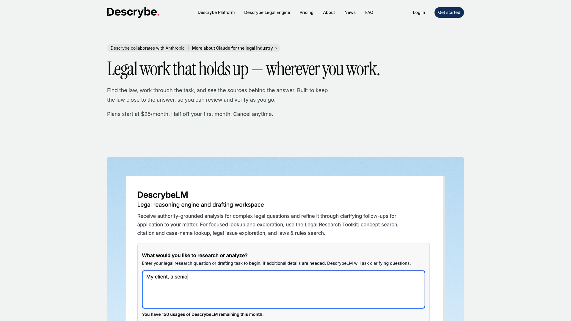 Screenshot of Descrybe Legal Engine website