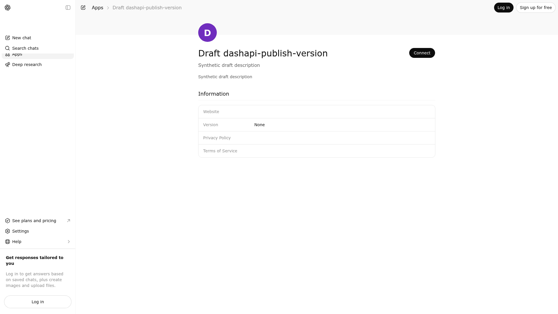 Screenshot of Draft dashapi-publish-version website
