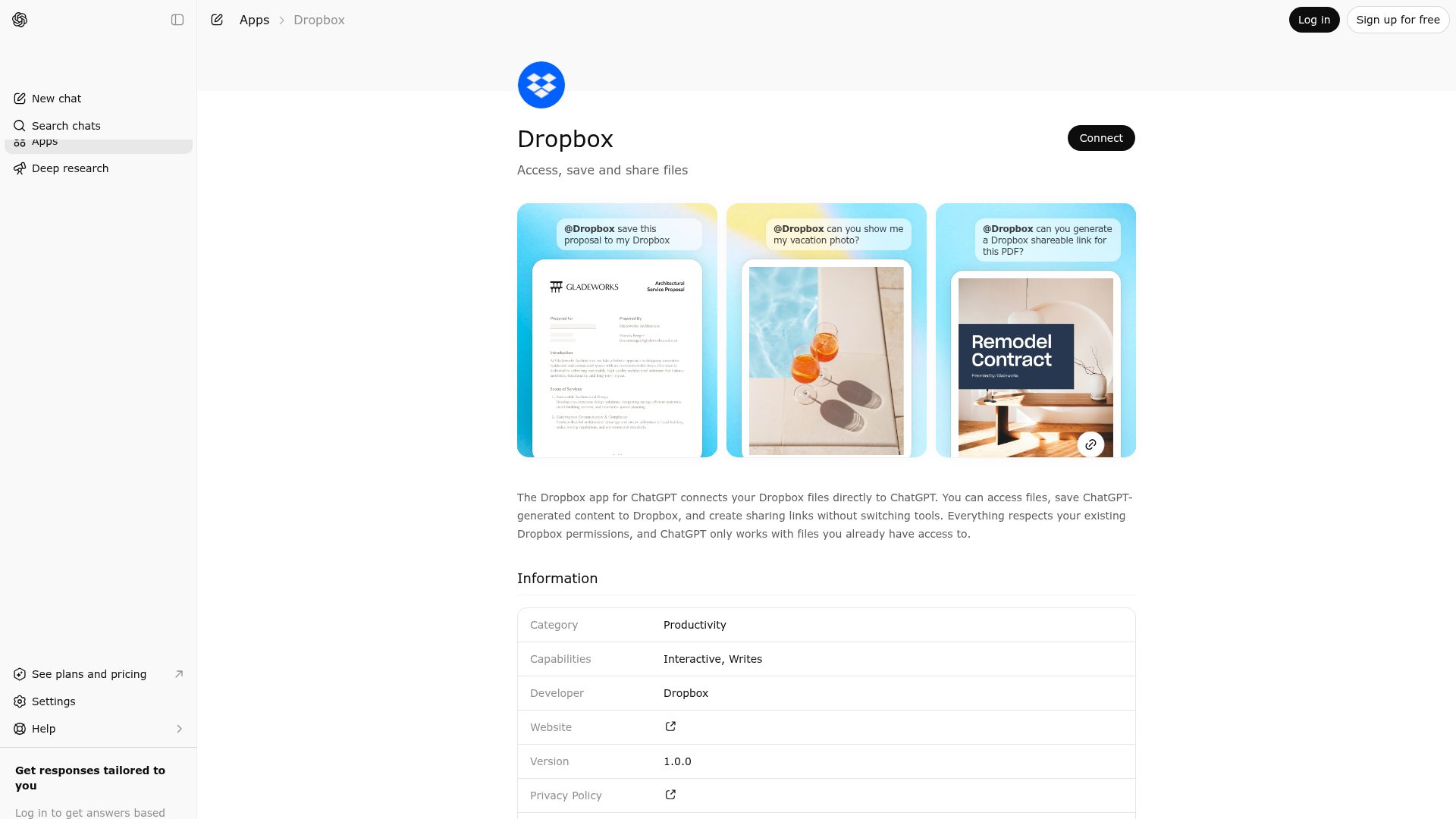 Screenshot of Dropbox website