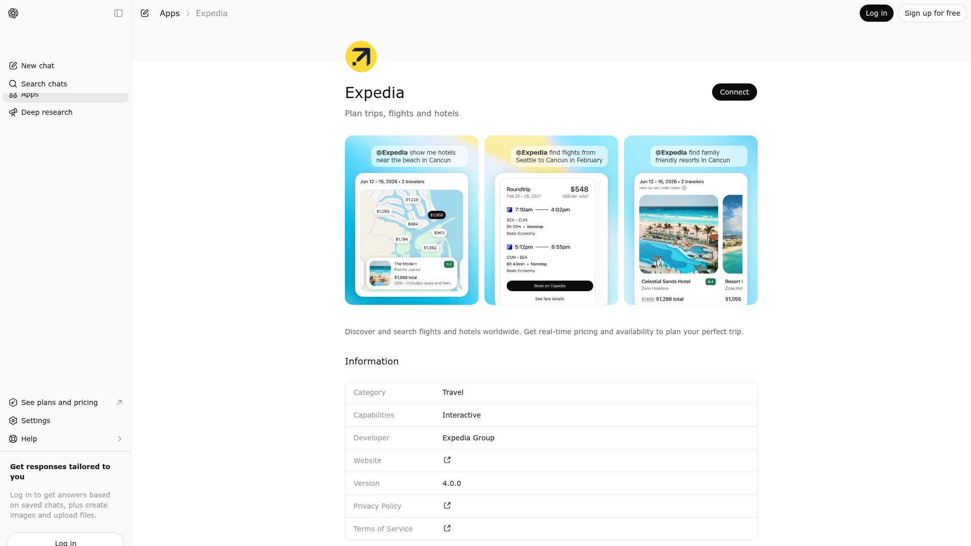 Screenshot of Expedia website