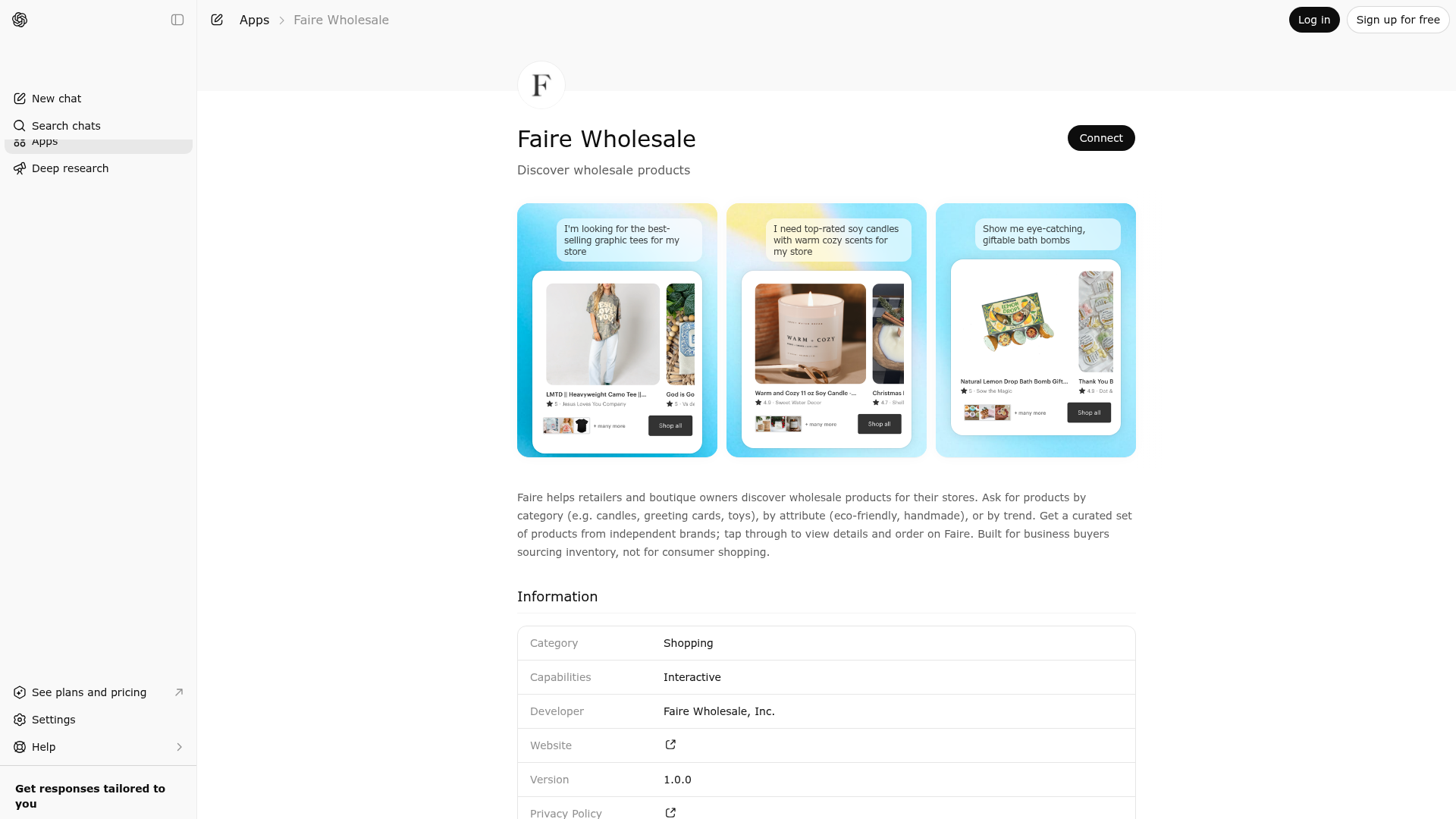 Screenshot of Faire Wholesale website