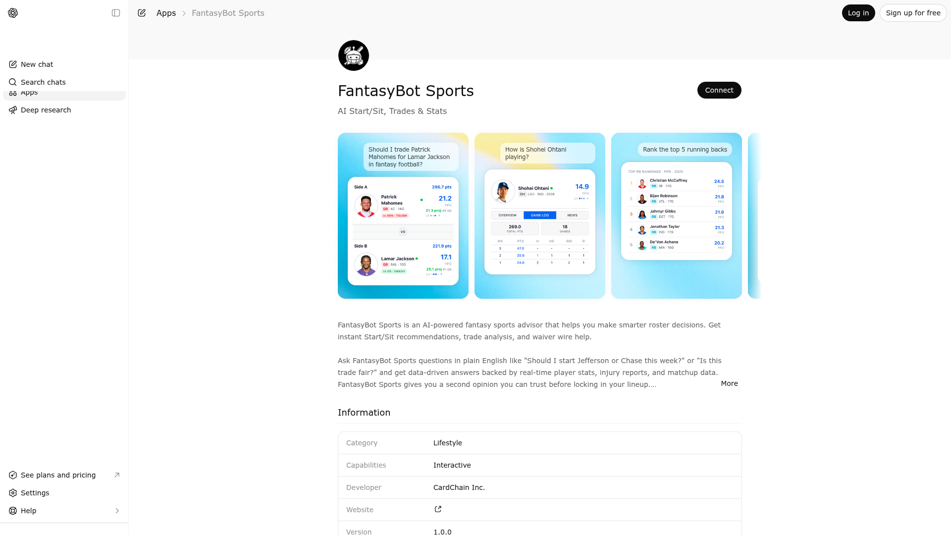 Screenshot of FantasyBot Sports  website