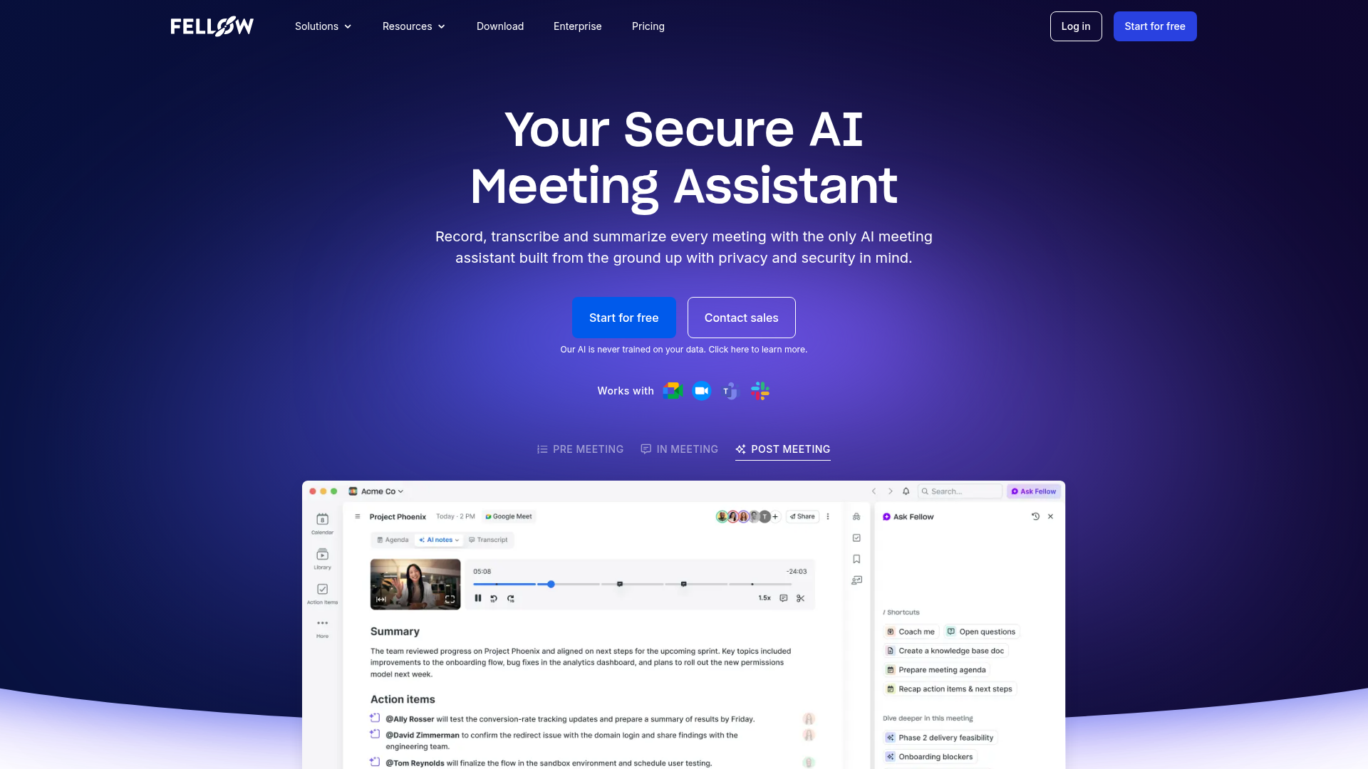 Screenshot of Fellow.ai website