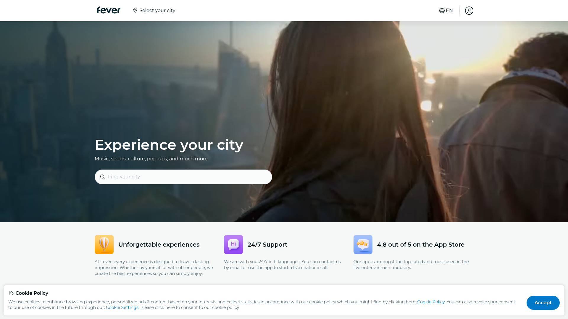 Screenshot of Fever Event Discovery website