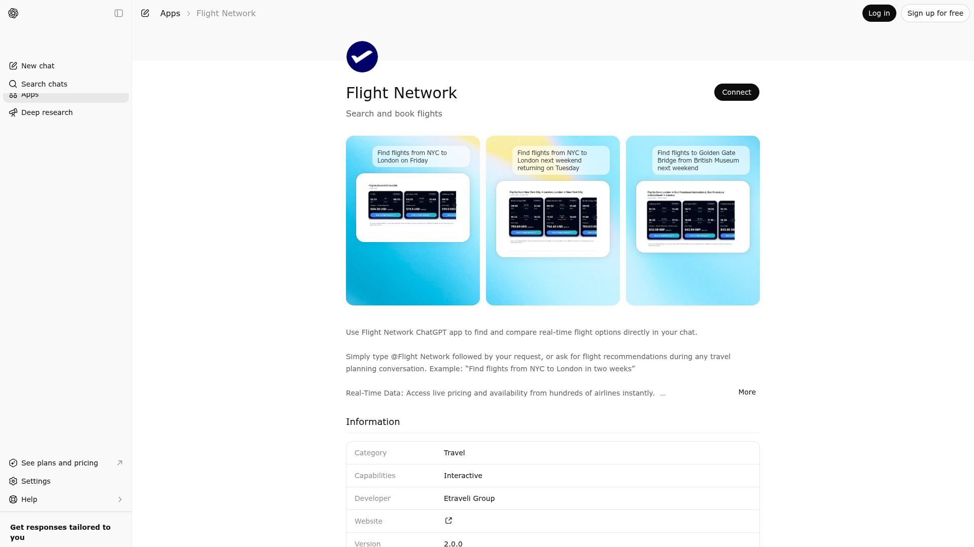 Screenshot of Flight Network website