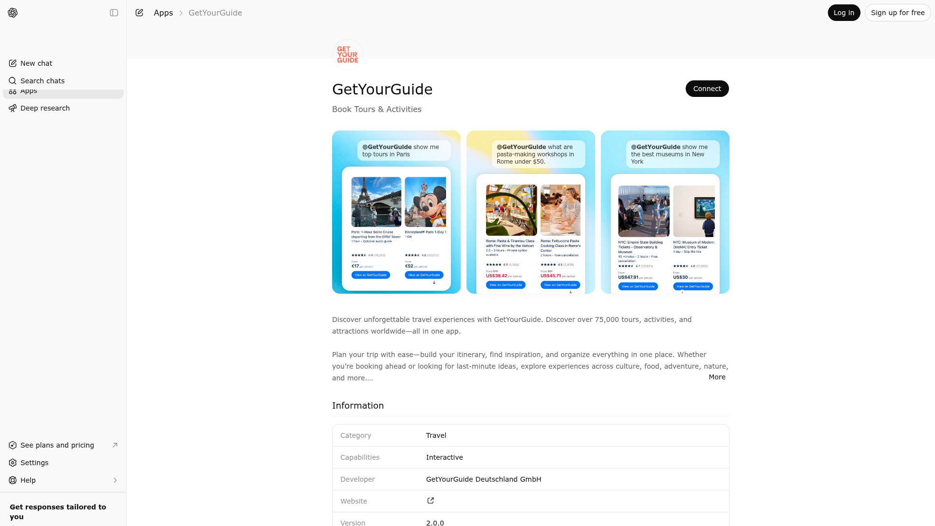 Screenshot of GetYourGuide website