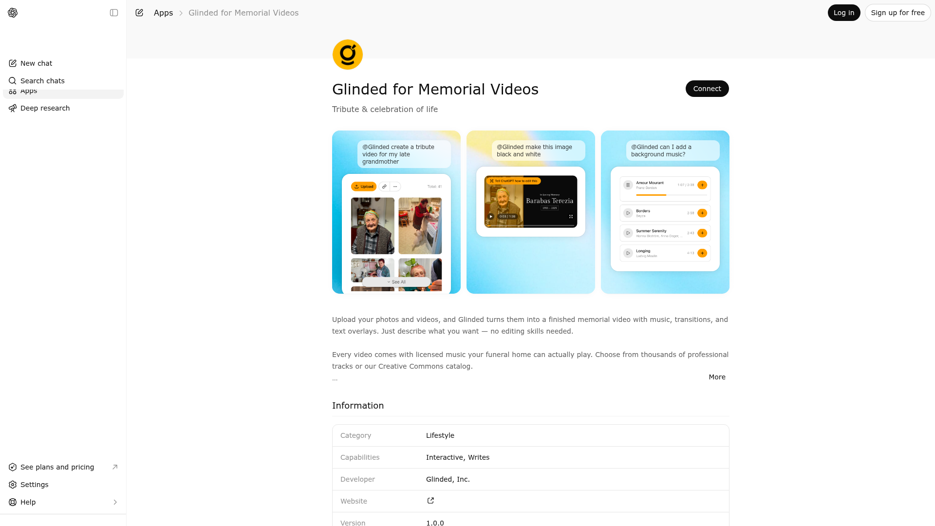 Screenshot of Glinded for Memorial Videos website
