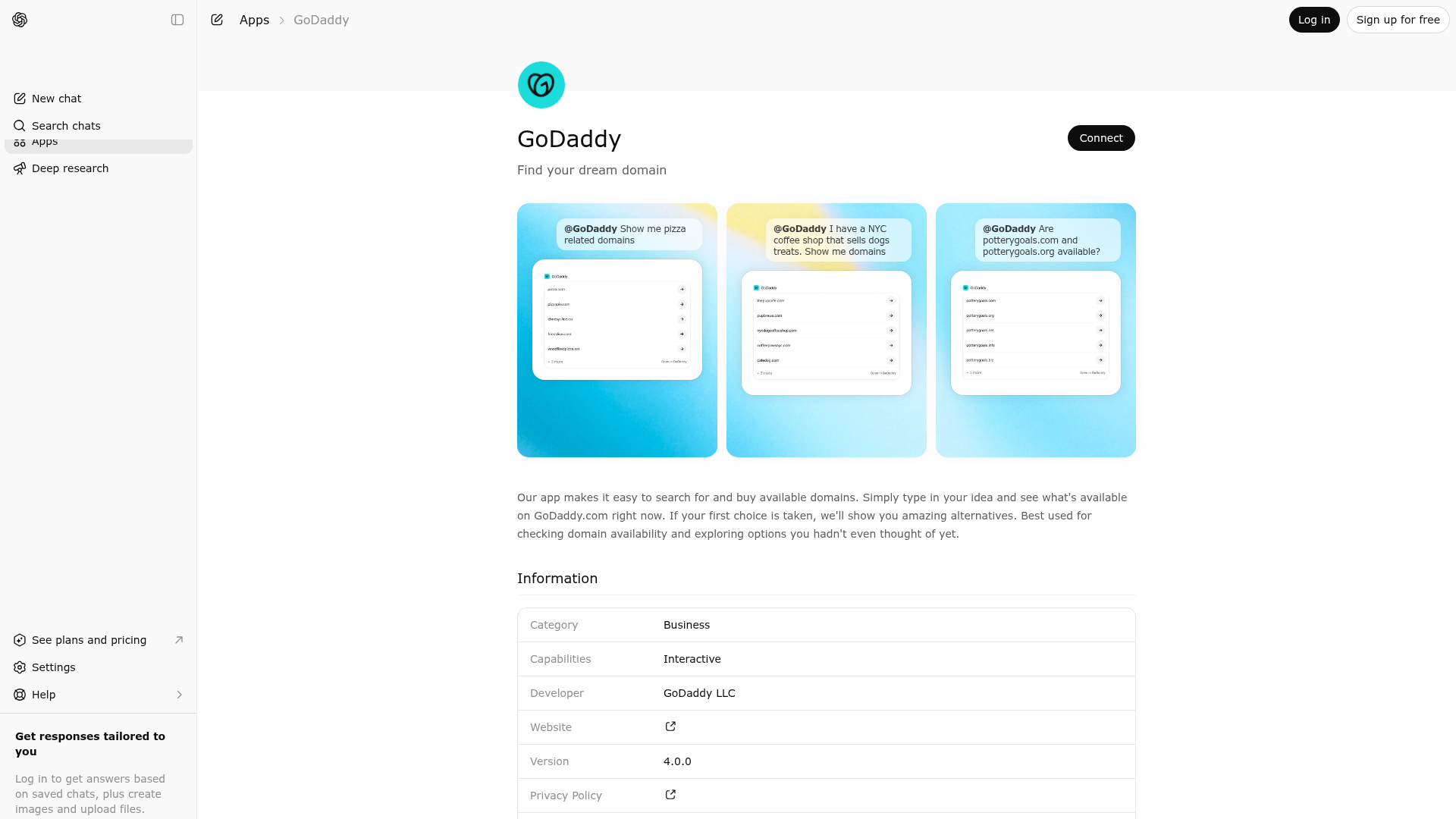 Screenshot of GoDaddy website