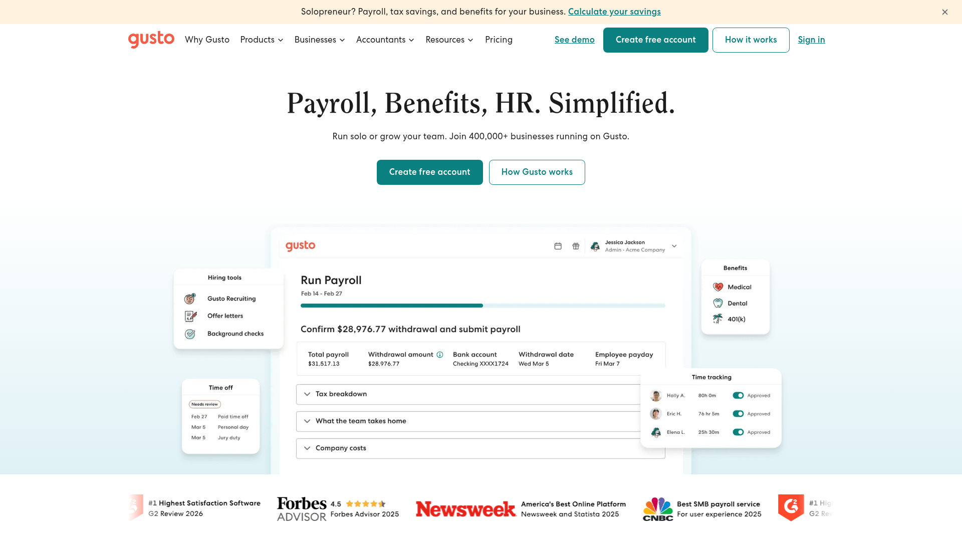 Screenshot of Gusto website
