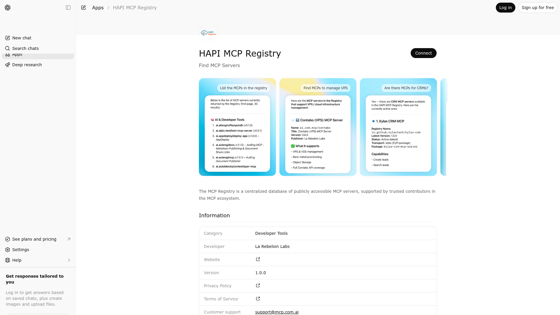 Screenshot of HAPI MCP Registry website