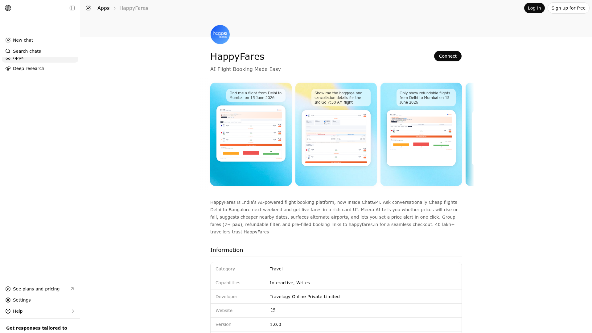 Screenshot of HappyFares website