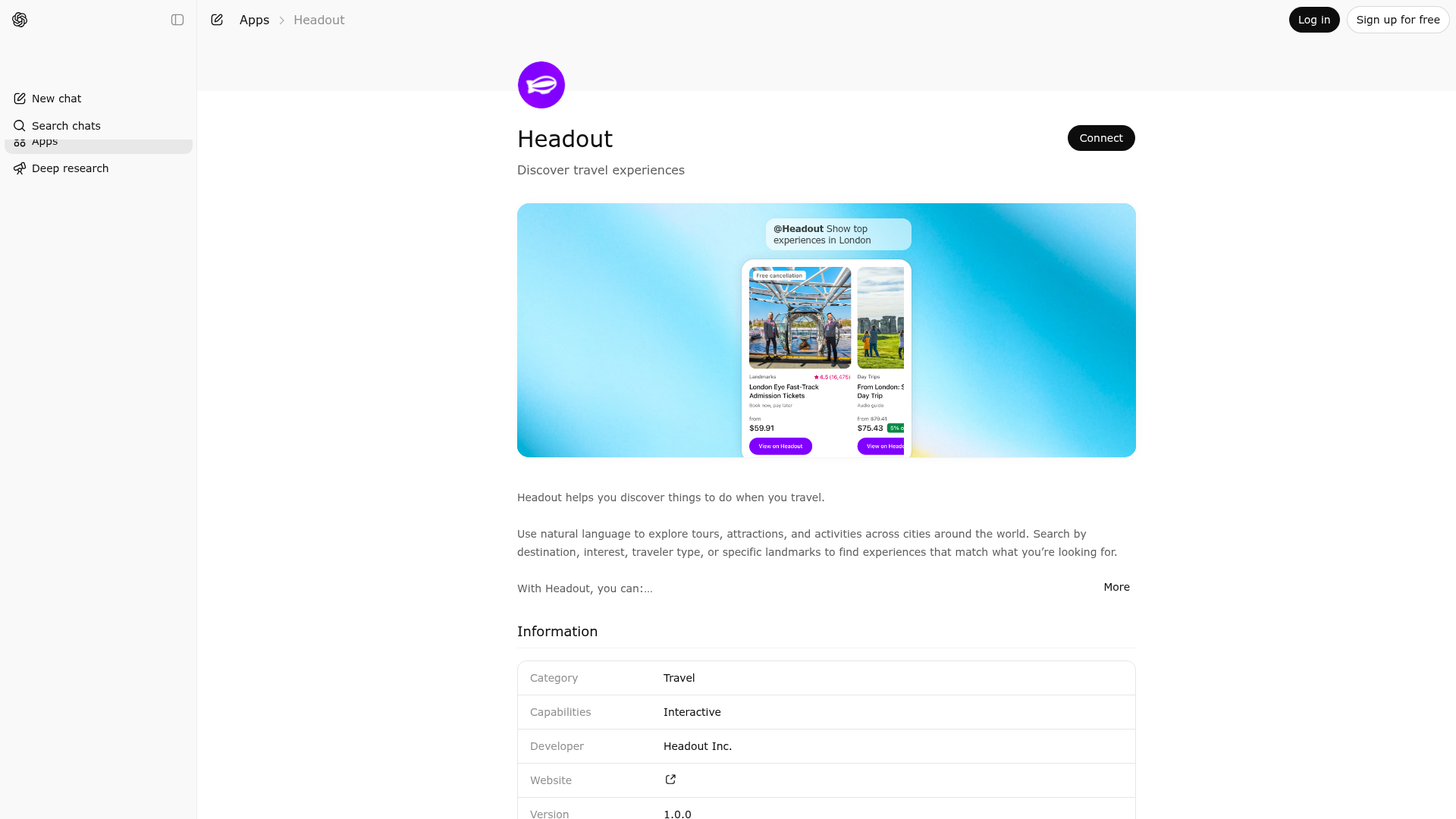 Screenshot of Headout website