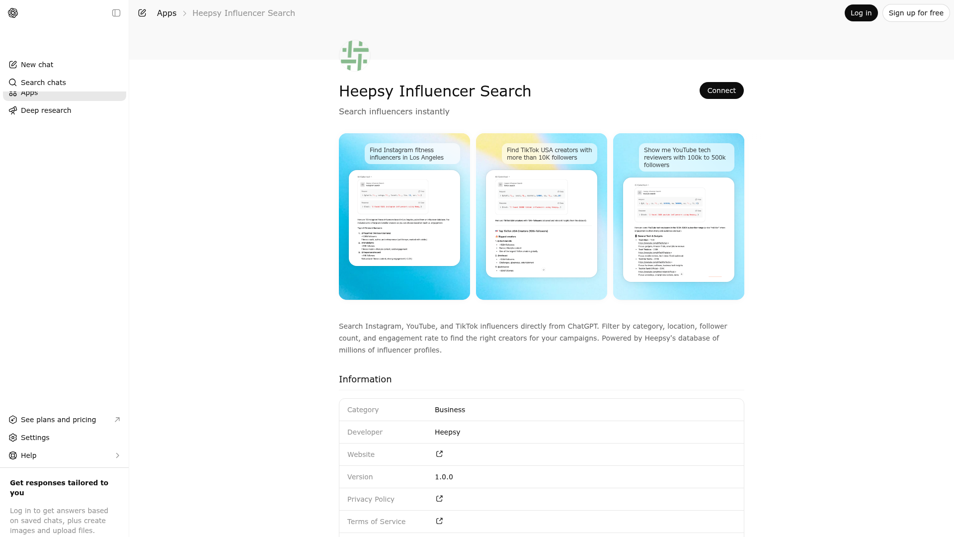 Screenshot of Heepsy Influencer Search website