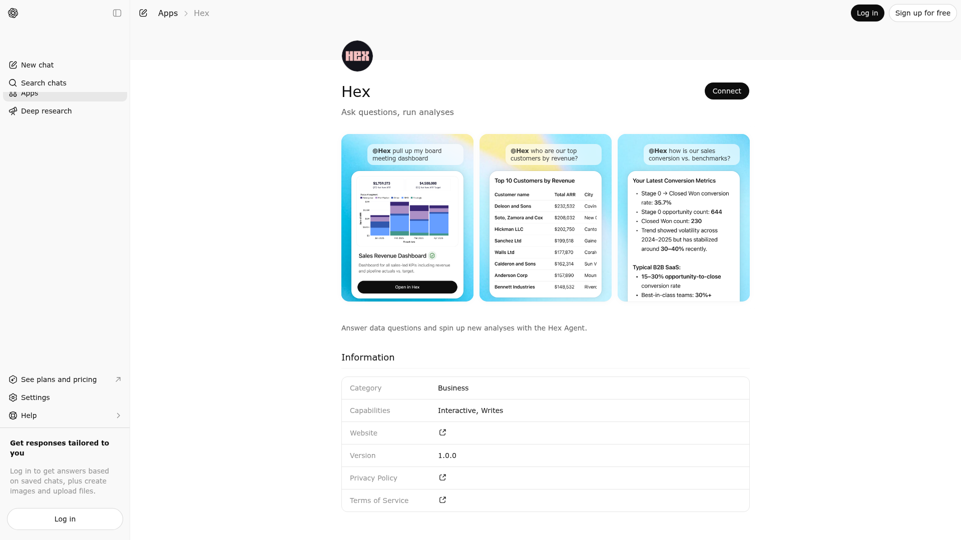 Screenshot of Hex website