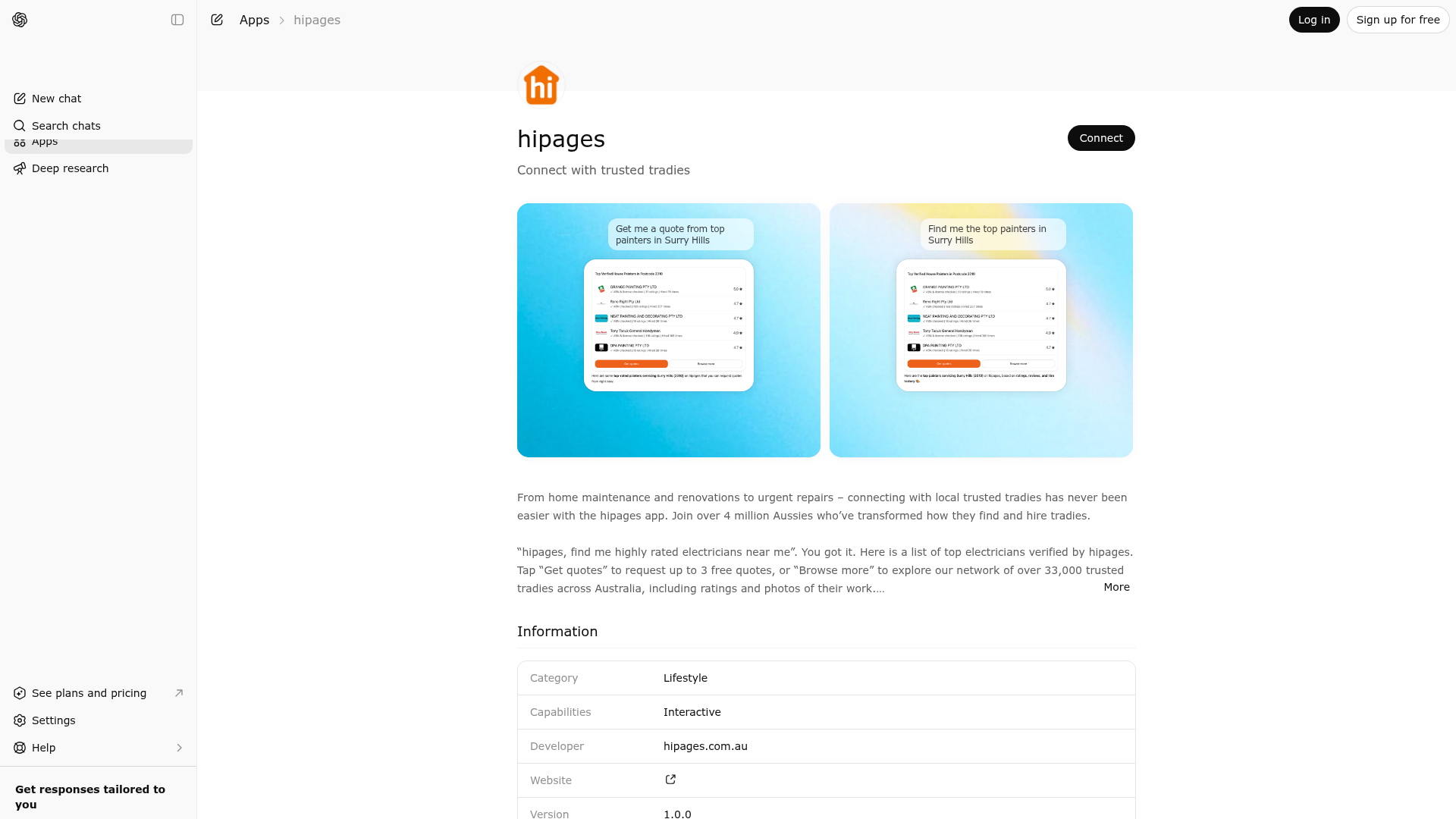 Screenshot of hipages website